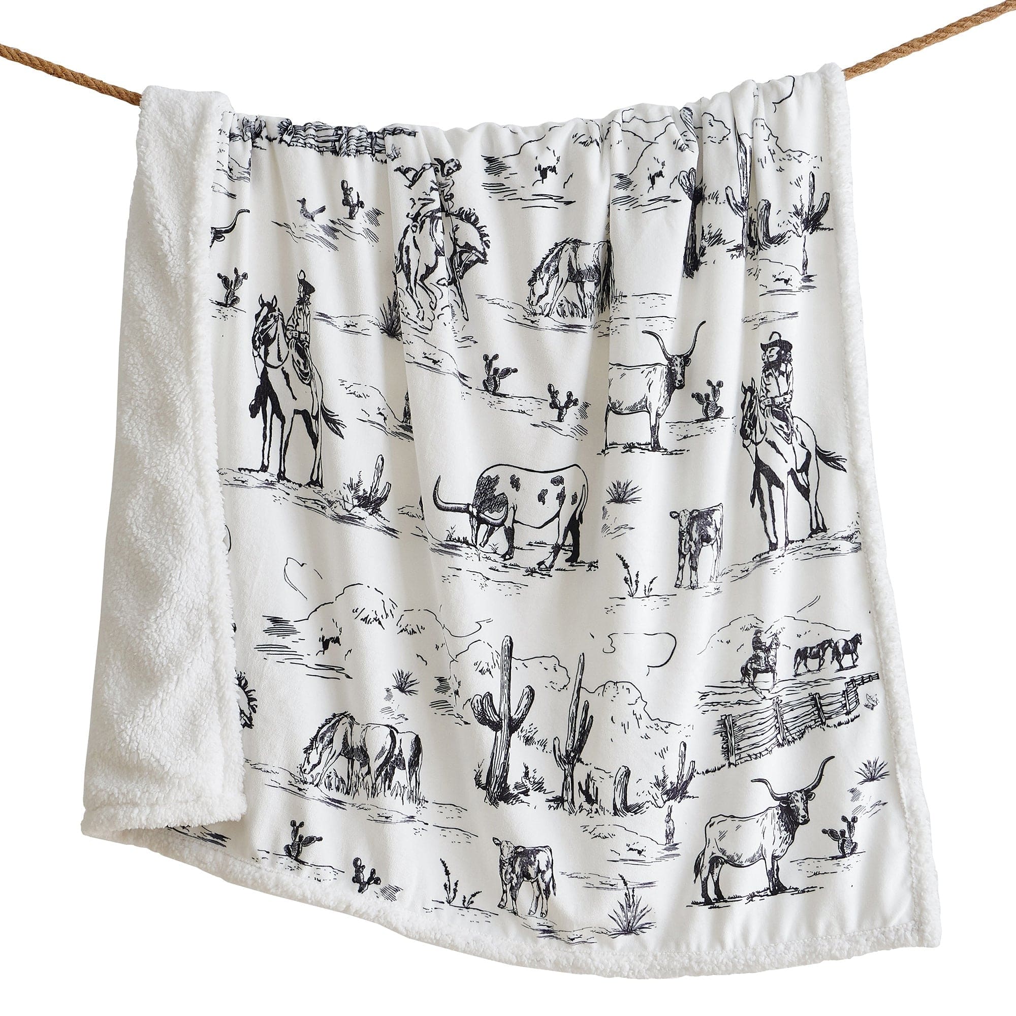 Cozy Ranch Life Western Toile Campfire Sherpa Throw Blanket - Perfect for Cabin Decor, Outdoor Camping & Winter Warmth