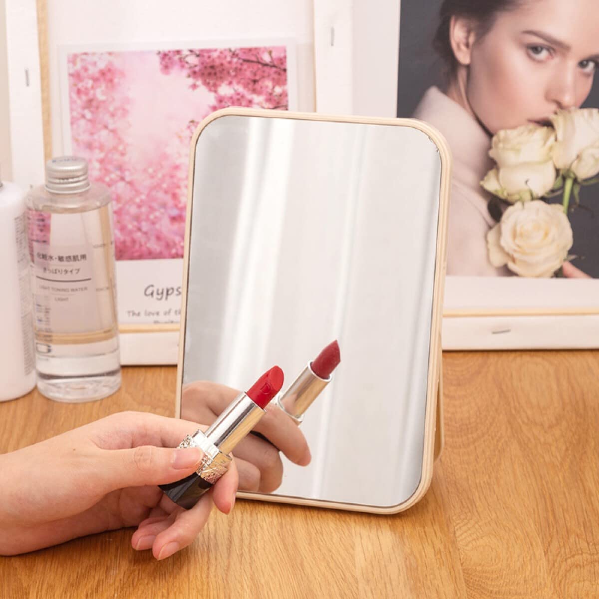 Leeonz Pink Makeup Mirror with Folding Stand - Adjustable Rectangular Vanity Mirror for Women & Girls, Perfect for Dressing Table, Bedroom, Bathroom & Travel
