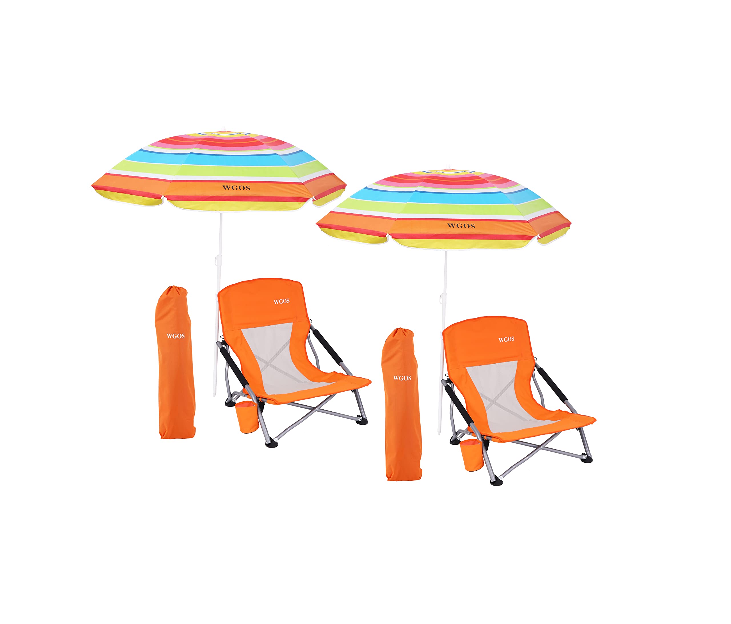 **Premium 2-Pack Orange Folding Beach Chairs with Umbrella - Portable Low Profile Beach Chairs for Adults, Camping & Outdoor Relaxation - Perfect for Sand, Poolside, Picnics & Travel**