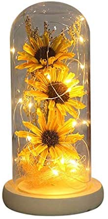 Artificial Sunflower in Glass Dome - Yellow LED Light Decoration for Home, Office, Wedding & Party | Unique Gift for Women, Christmas, Valentine's Day, Mother's Day, Anniversary & Birthday | Romantic Home Decor & Table Centerpiece
