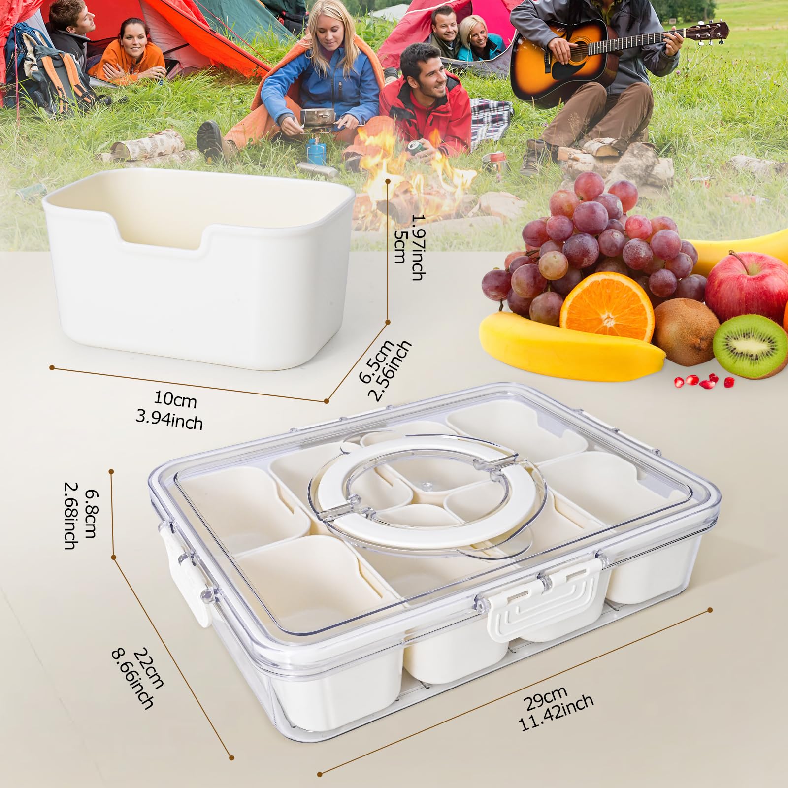 Clear Snackle Box Container - 8 Compartment Organizer for Fruits, Candy, Charcuterie & Snacks | Perfect for Parties, Picnics, Travel, Beach & Office Lunch | BPA-Free Plastic Food Storage with Secure Lid