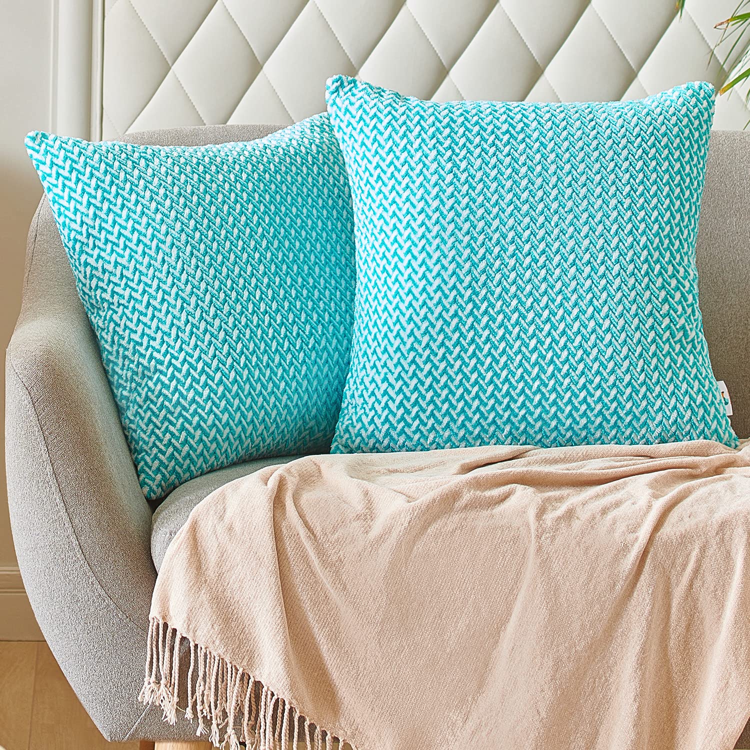 Pauleon 22x22 Inch Jacquard Pillow Covers Set of 2 - Peacock Blue Square Throw Pillow Cases for Couch, Sofa & Living Room Decor | Home Accent Pillows for Bedroom, Porch & Outdoor Furniture