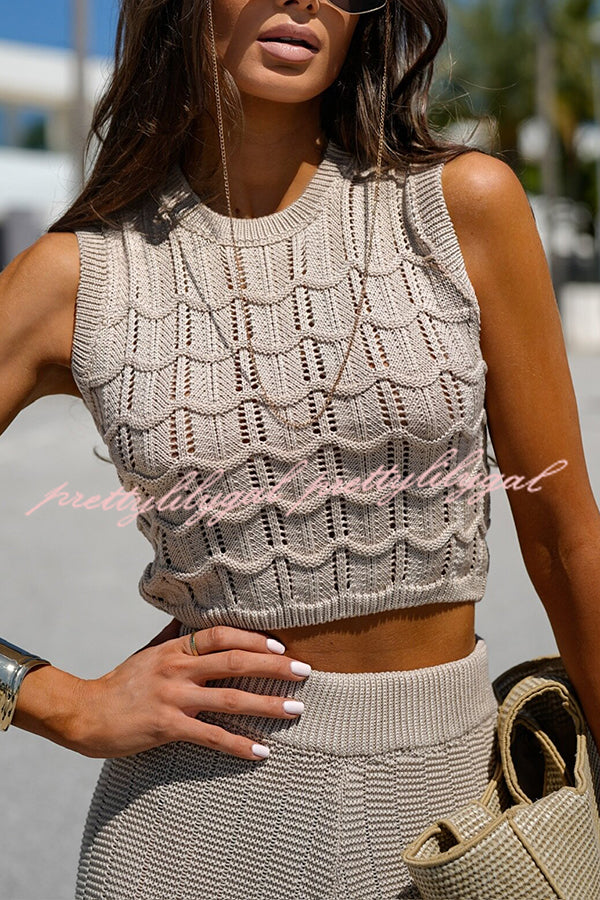Women's Solid Color Hollow Sleeveless Round Neck Knitted Vest & Stretch Casual Straight Pants Set - Comfortable Summer Outfit for Beach, Travel and Daily Wear