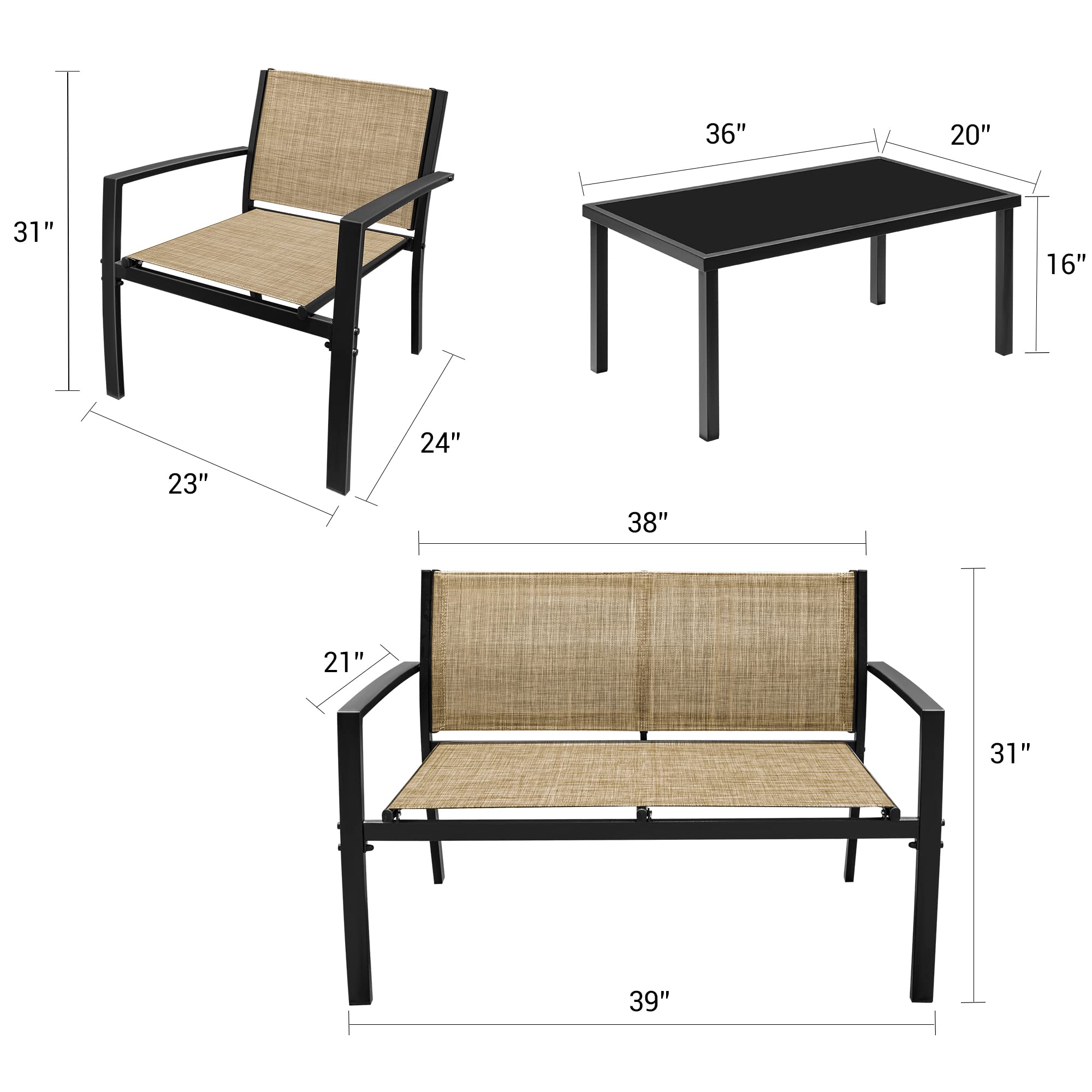 Flamaker 4-Piece Outdoor Patio Furniture Set - Modern Textilene Bistro Conversation Set with Loveseat & Tea Table in Yellow - Perfect for Home, Garden, Lawn, Balcony & Backyard Relaxation