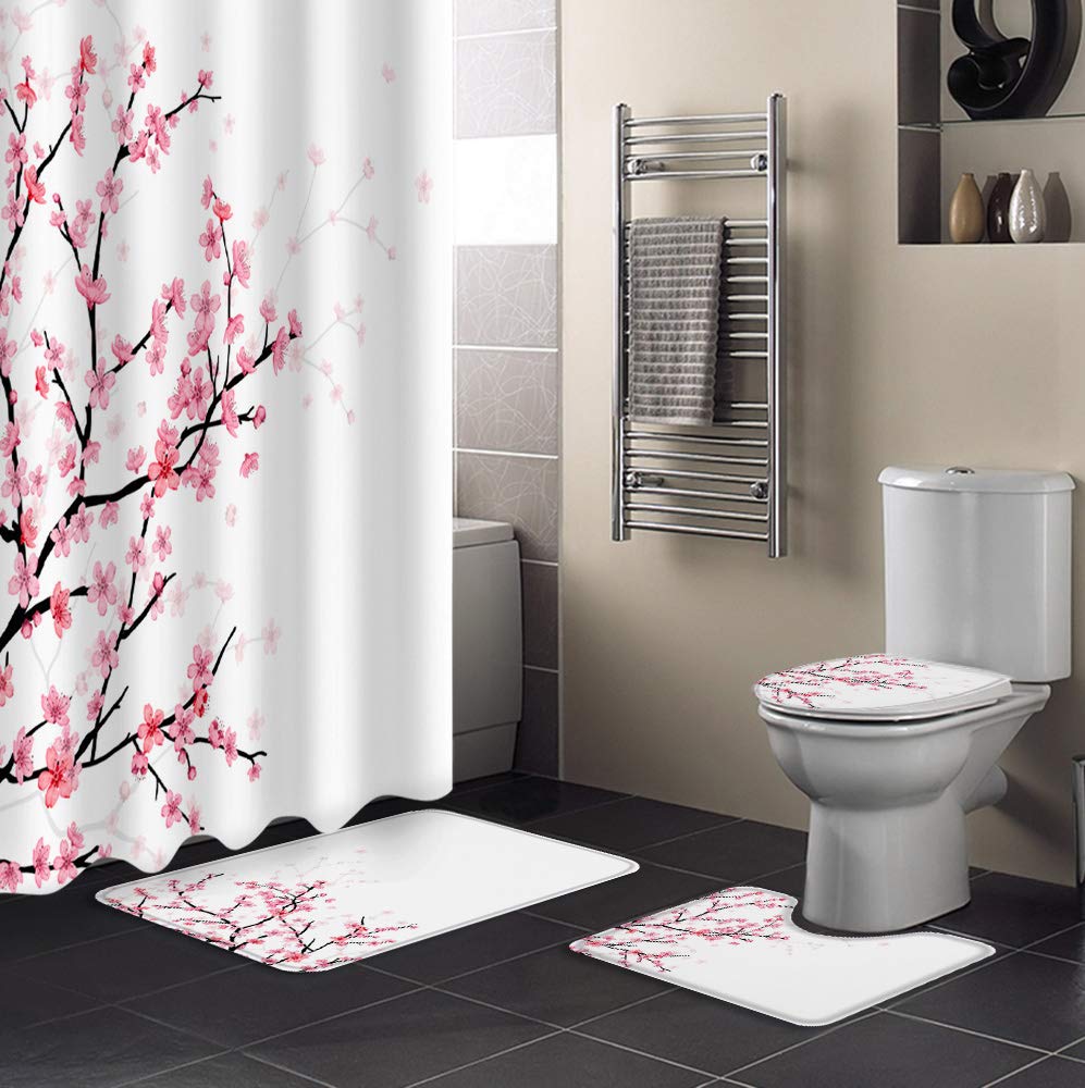 Premium 4-Piece Bathroom Set - Waterproof Pink Cherry Blossom Shower Curtain (36