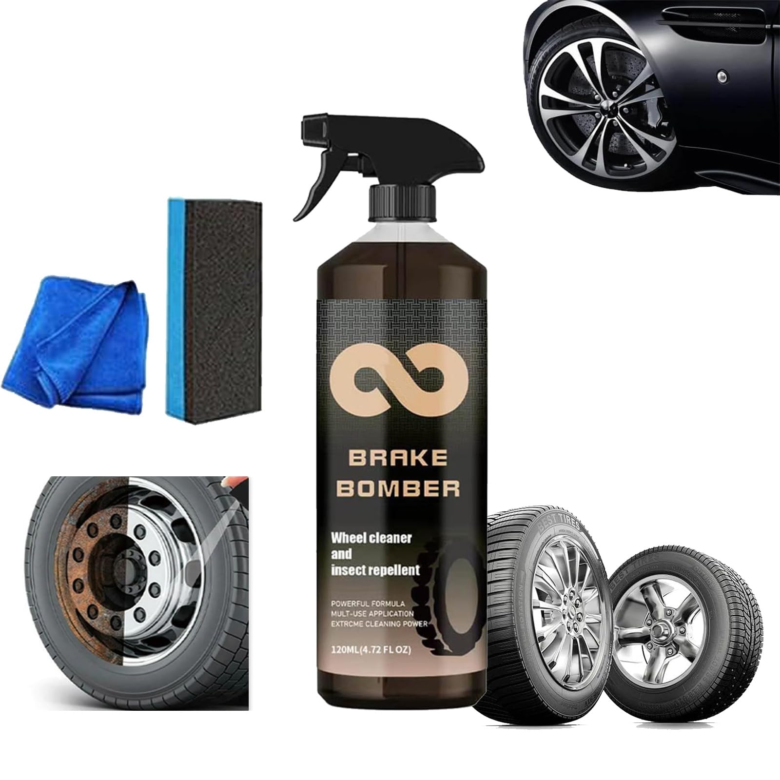 Brake Bomber Wheel Cleaner - Powerful Non-Acid Car & Truck Wheel Cleaner Spray | Alloy, Chrome & Painted Rim Cleaner | Brake Dust Remover & Tire Shine Spray (120ml) - Perfect for Deep Cleaning Wheels Before Car Shows or Routine Maintenance