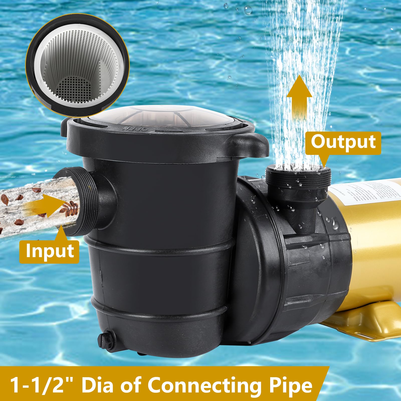 2HP Swimming Pool Pump - 5568GPH High Flow In/Above Ground Water Pump - 115V Single Speed Self Priming with Filter Basket & Drain Plug - Energy Efficient & Quiet Operation for Family Pools - Perfect for Backyard, Inground & Above Ground Pool Maintenance
