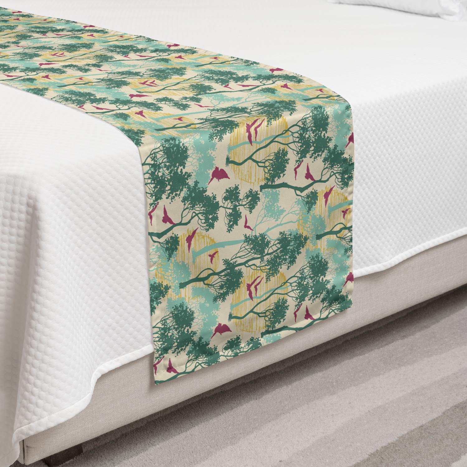Ambesonne Hand-Drawn Forest Bed Runner Set with Trees & Birds - Decorative Bedding Scarf & 2 Pillow Shams for Queen Bed, Grey Yellow Seafoam - Perfect for Hotel & Home Bedroom Decor