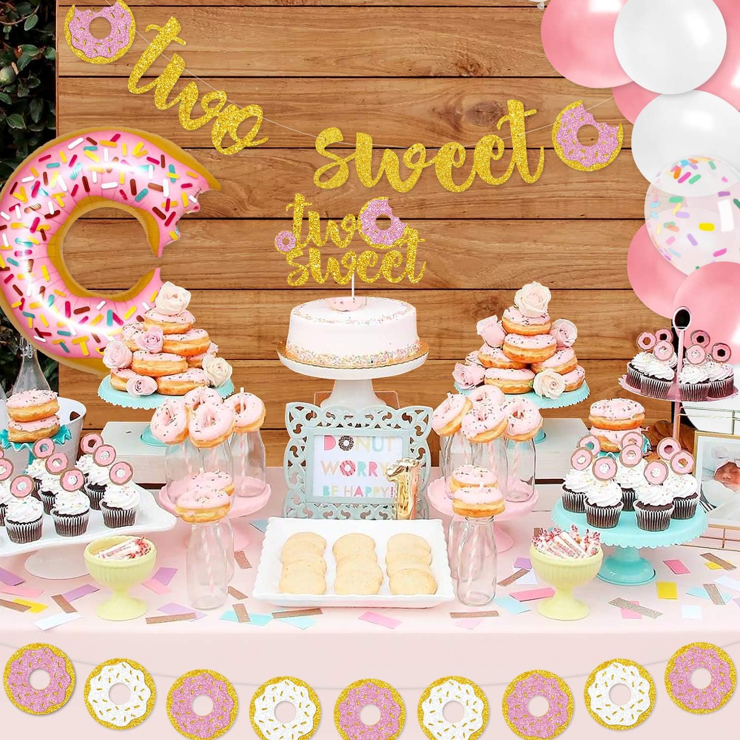 Levfla Sweet Donut Party Decorations - Glitter Doughnut Banner, Cake Topper & Balloons for Baby's 2nd Birthday, Kids Party Favors & Supplies | Perfect for Birthday Cakes, Dessert Tables & Photo Backdrops