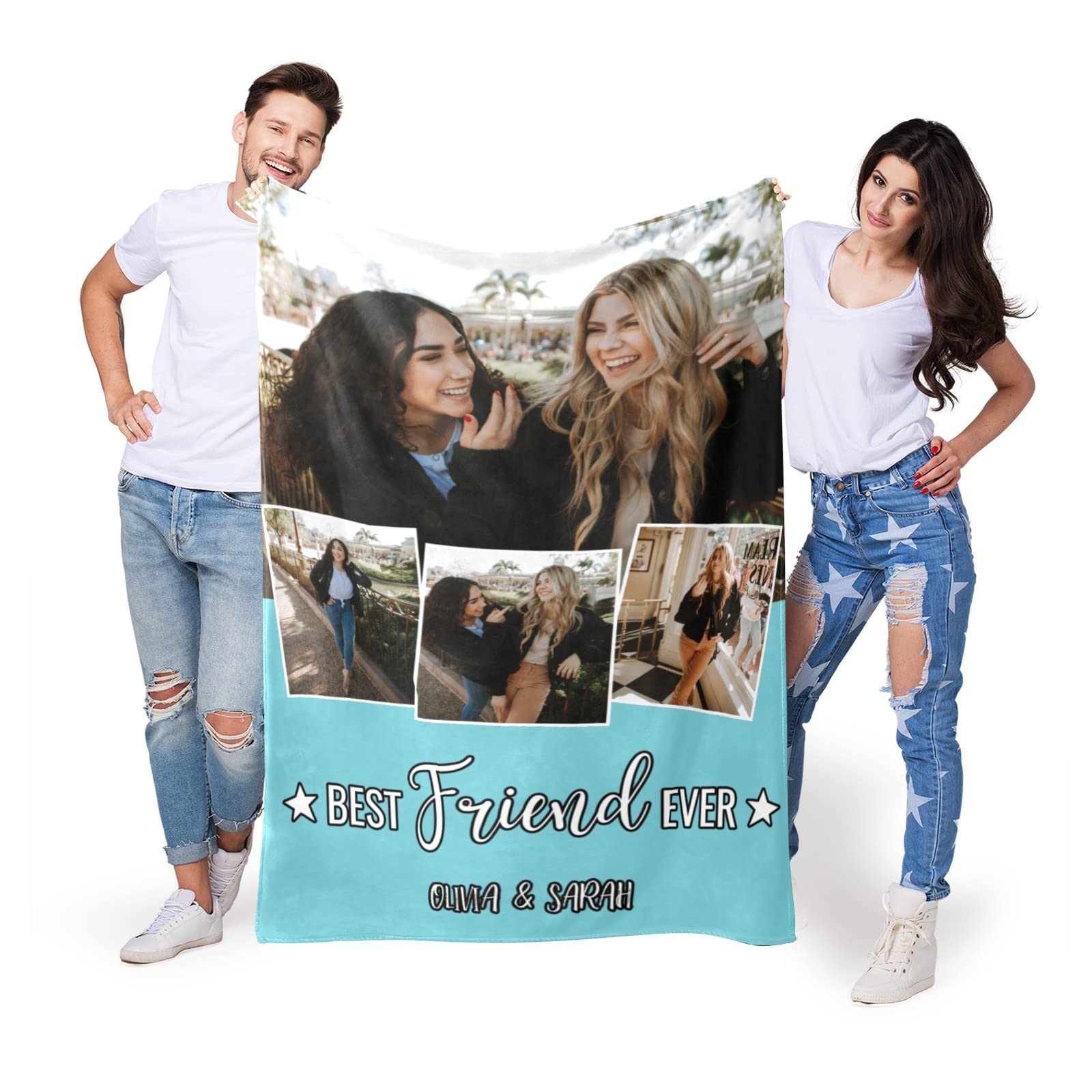 Custom Photo Blanket for Sister - Personalized Sister Gifts with 4 Photos - Bestie Birthday, Christmas, Anniversary, Valentine's Day Present - Cozy Throw Blanket for Bed, Couch & Home Decor