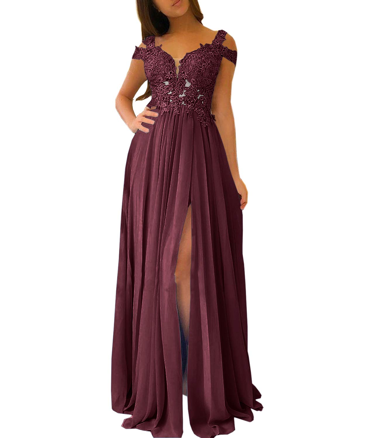Elegant Women's Lace Appliqued Evening Gown with Side Split - A-Line Long Prom Dress for Formal Events, Weddings & Parties