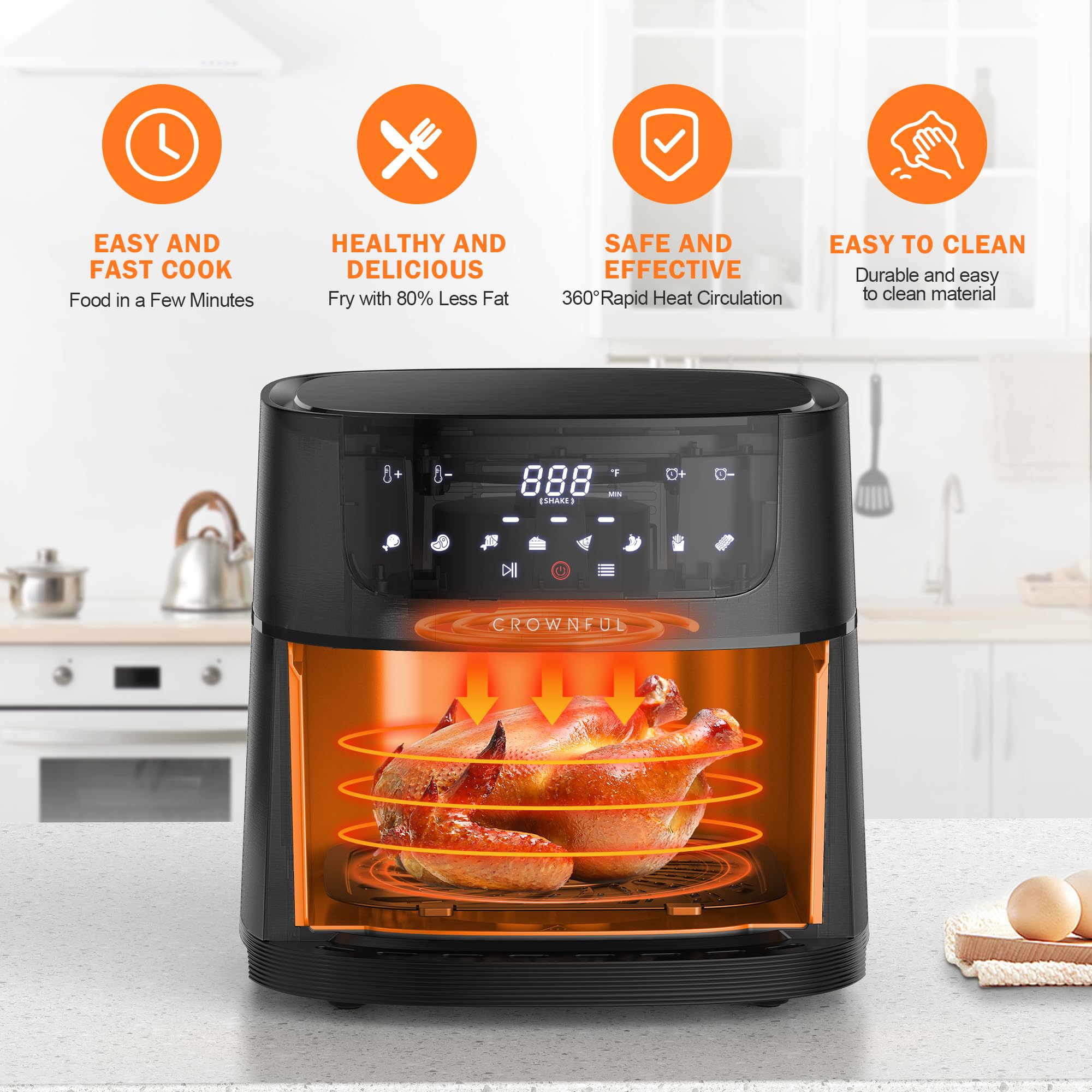 CROWNFUL 7 Quart Air Fryer - 1500W Oil-Free Electric Cooker with 8 Preset Functions, Digital LCD Touch Screen & Precise Temp Control | Shake Reminder | UL Certified (Black) | Perfect for Healthy Cooking, Quick Meals & Family Dinners