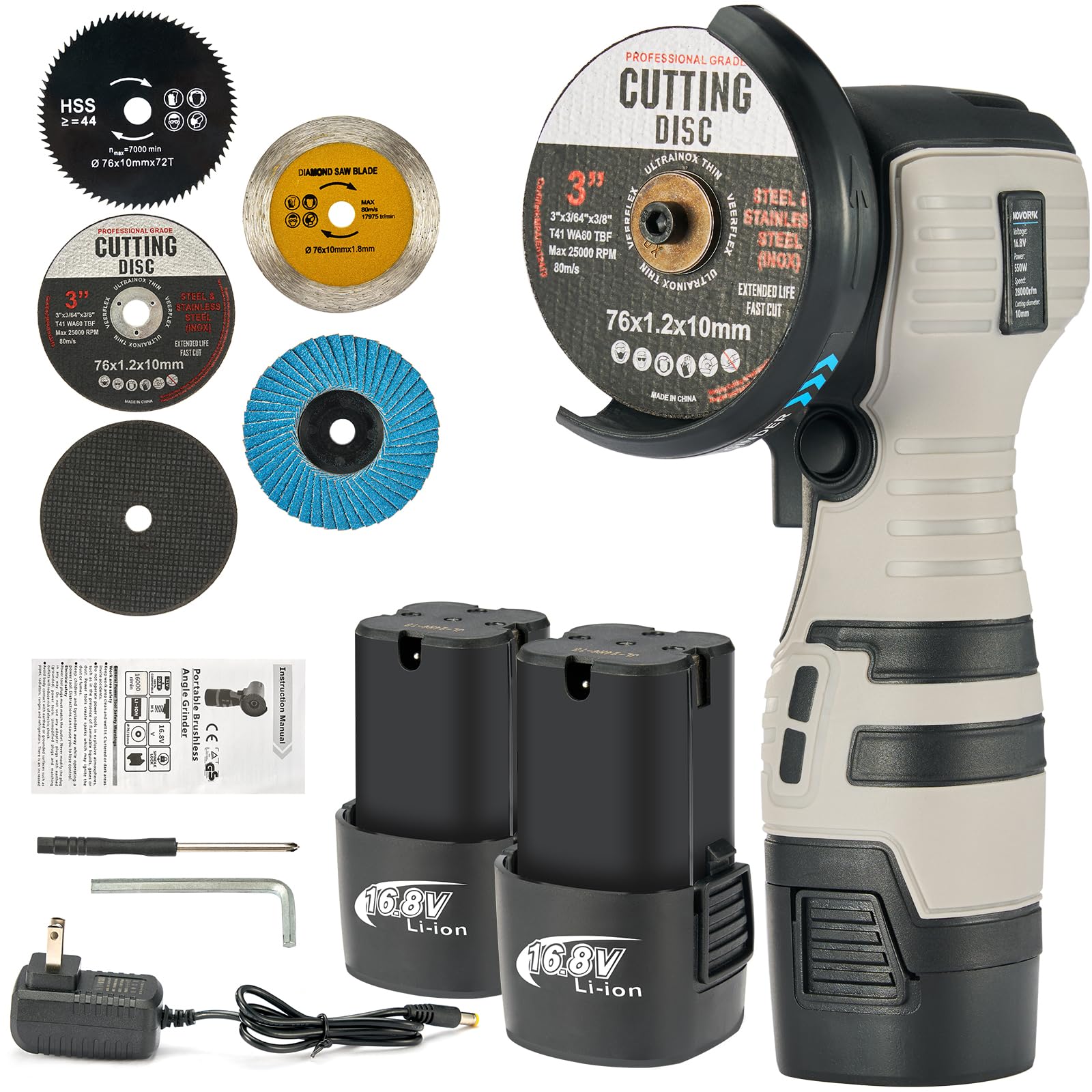 Cordless Angle Grinder Tool - 16.8V 2000mAh Battery with 5 Cutting Discs, 28000 RPM Power Grinder for Wood, Metal, Stone & Concrete - Perfect for DIY Projects, Construction & Metalworking