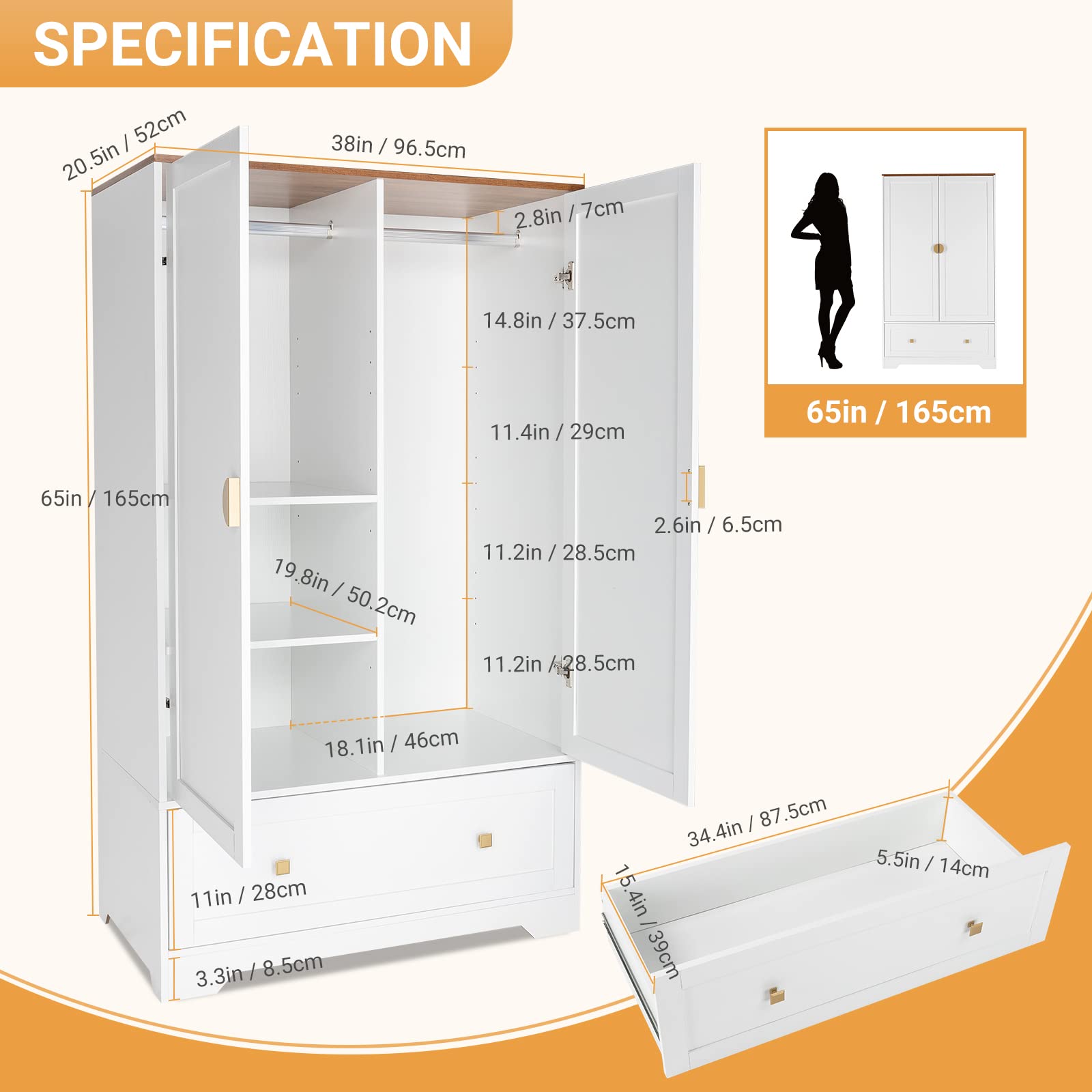 VINGLI 38 Inch Wide White Armoire Wardrobe with Hanging Rod, Shelves & Drawer - Freestanding Closet Organizer for Bedroom, Dorm, Apartment - 21