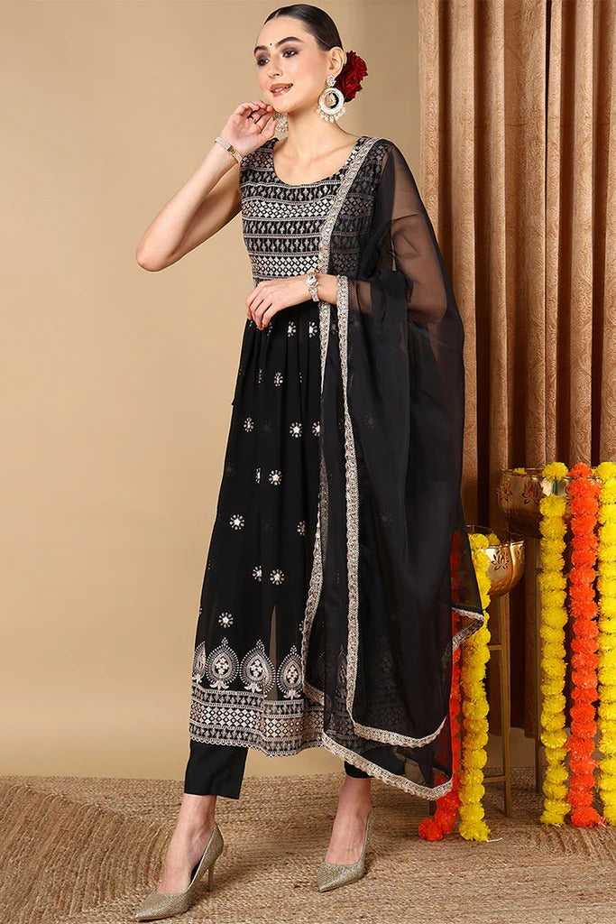Elegant Black Poly Georgette Embroidered Straight Kurta Set for Women - Traditional Indian Ethnic Wear for Festivals, Weddings & Special Occasions