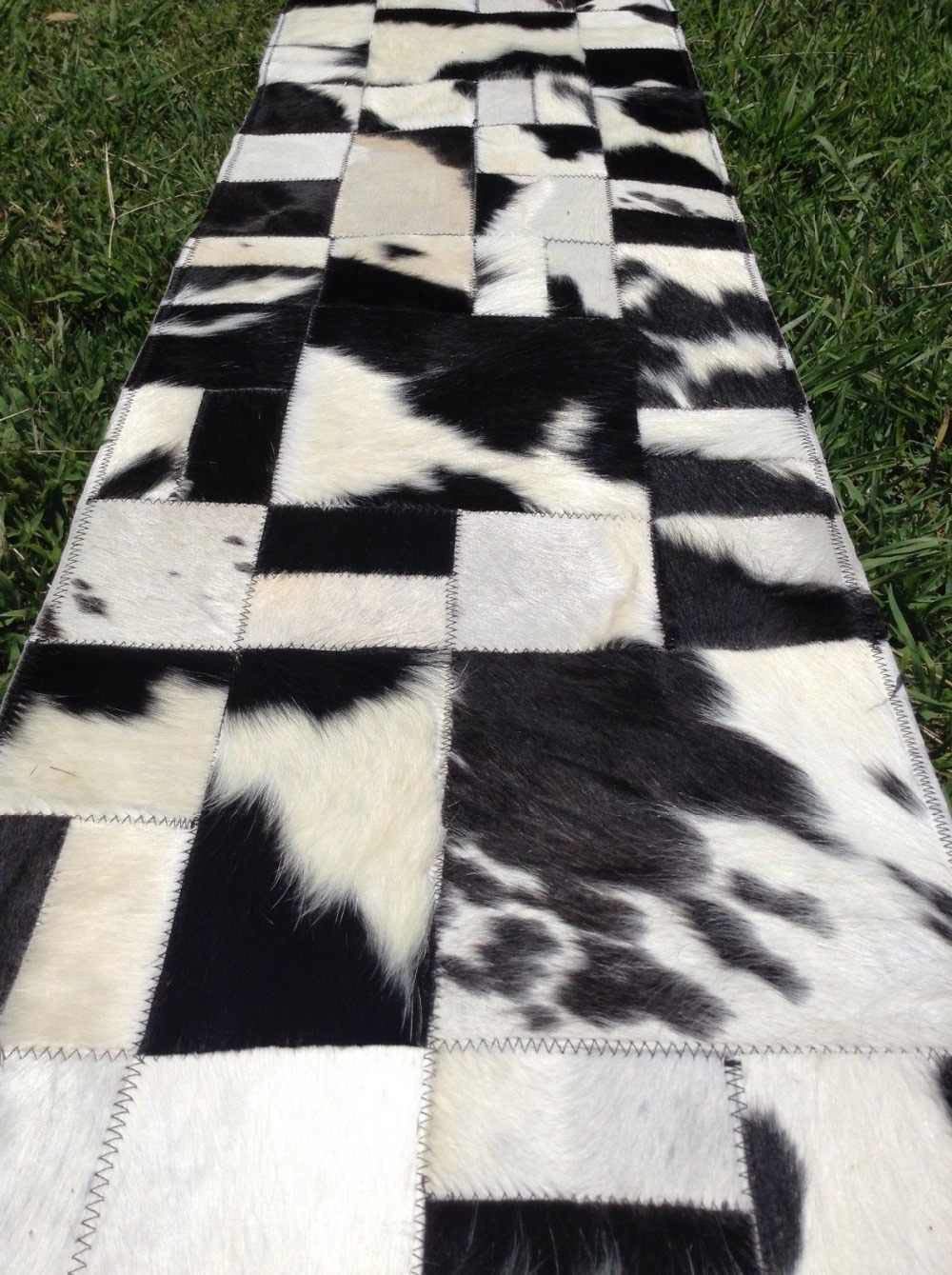 Handmade Cowhide Patchwork Runner Rug - Genuine Leather Animal Skin - 3x10 Feet - Boho Chic Home Decor for Living Room, Bedroom & Office