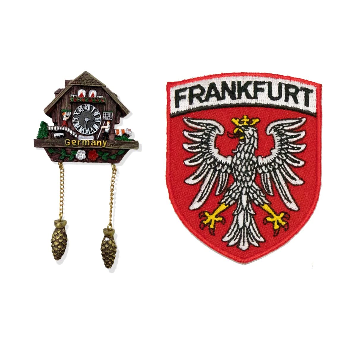 Authentic German Cuckoo Clock Pine Cones 3D Scenery Refrigerator Magnet & Frankfurt World Applique Patch Set - Perfect Travel Souvenir, Fridge Decor & Denim Jacket Embellishment for Home, Office or Gift