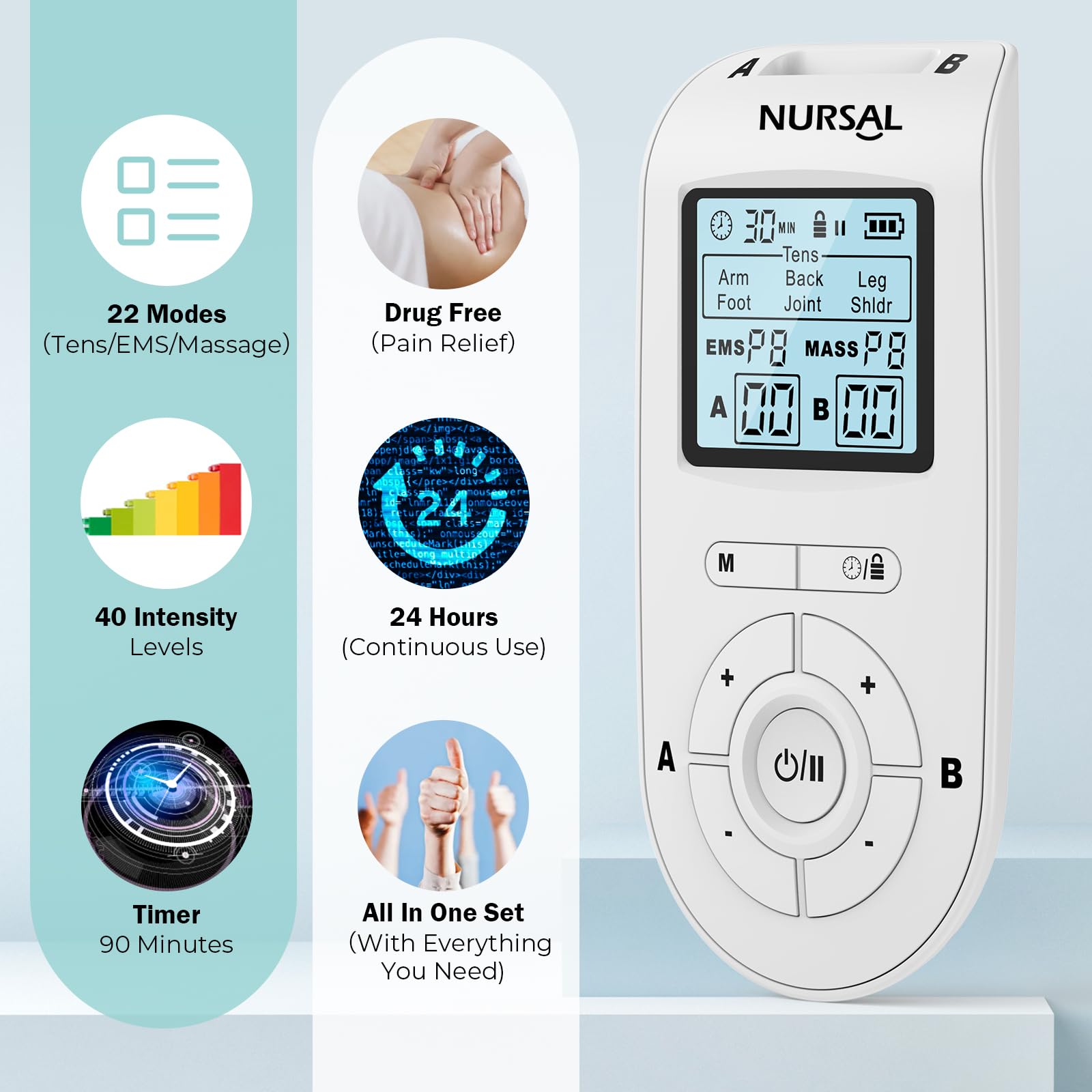 NURSAL 3-in-1 TENS Unit Muscle Stimulator Machine with Dual Channel EMS, 40 Intensity Levels for Pain Relief Therapy - Portable Electronic Pulse Massager for Back, Neck, Shoulder & Muscle Recovery at Home or Gym