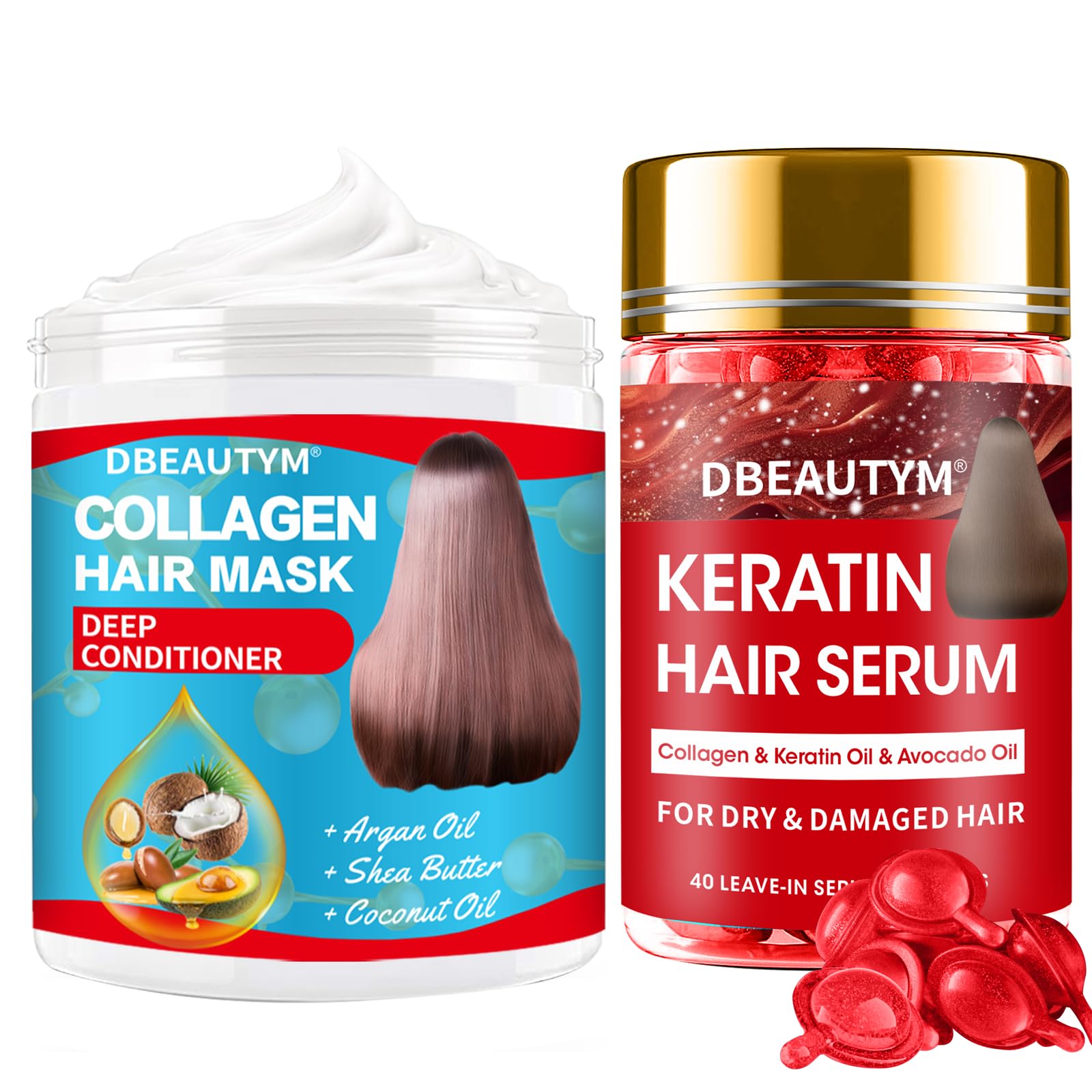 **Collagen Hydrating Hair Mask & Keratin Hair Serum - Natural Deep Conditioner for Dry, Frizzy Hair - Moisturizing Hair Oil for Split Ends & Styling - Keratin Styling Oil Capsules - Perfect for Damaged Hair Repair & Daily Hair Care**