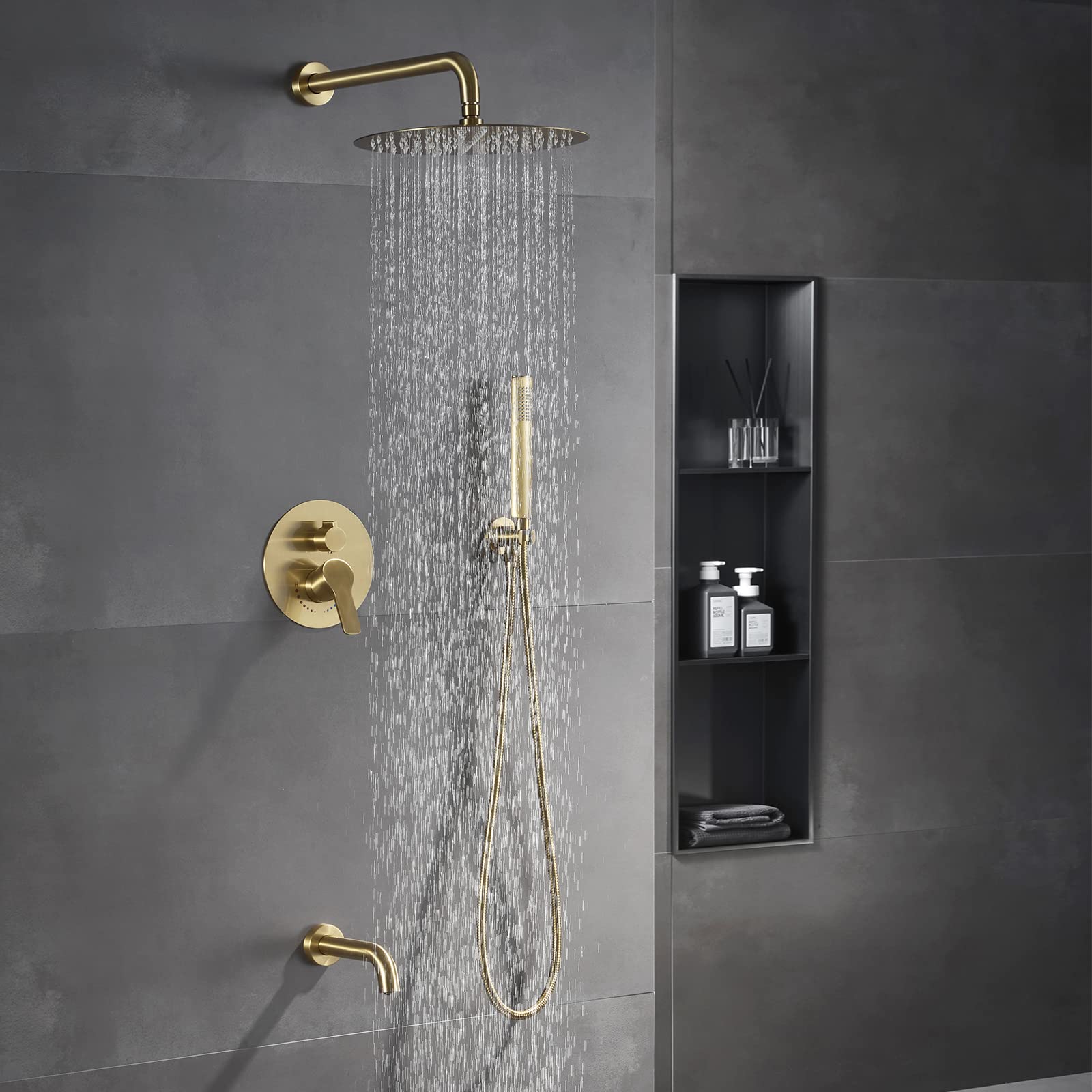 Premium Brushed Gold Shower Faucet Set with 12-Inch Rainfall Shower Head & Bathtub - High Pressure Bathroom Fixture for Luxurious Spa Experience | Modern Gold Shower System for Master Bathroom & Guest Suite Renovation