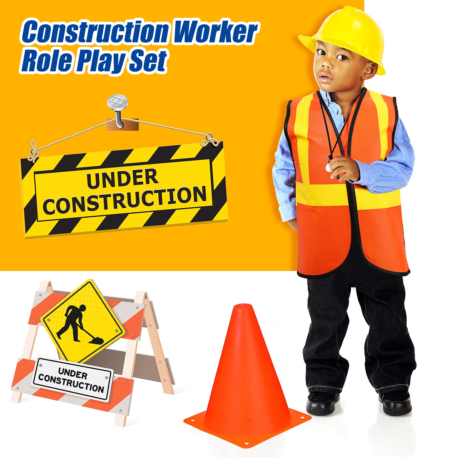 48 Pcs Kids Construction Birthday Party Supplies - Worker Costume Set with Hats, Vests, Tote Bag & Traffic Cones for Role Play, Dress Up & Construction Themed Parties - Perfect for Birthday Celebrations, School Events & Pretend Play