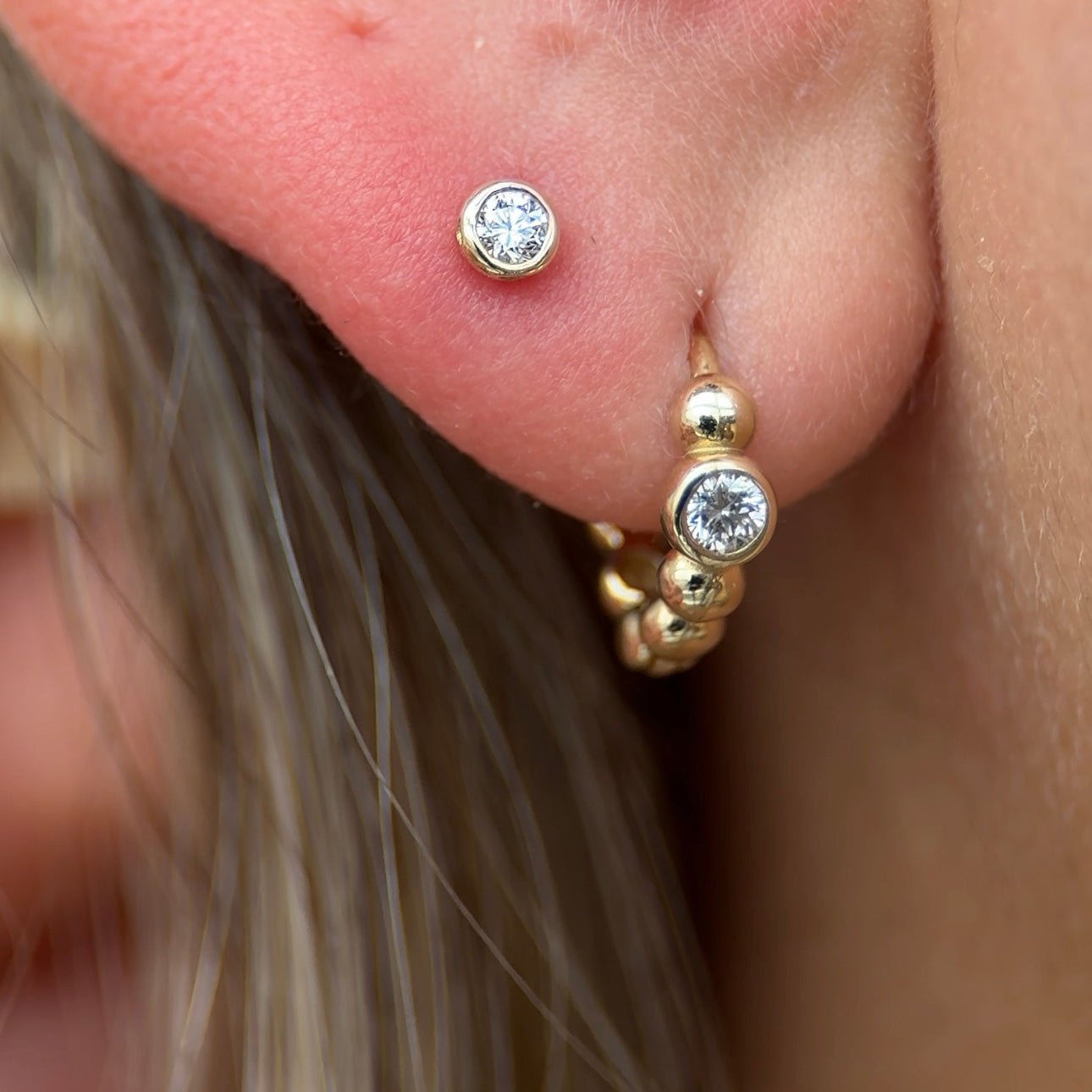 14K Yellow Gold Diamond Beaded Huggie Hoop Earrings for Women - Perfect for Everyday Wear, Parties & Special Occasions