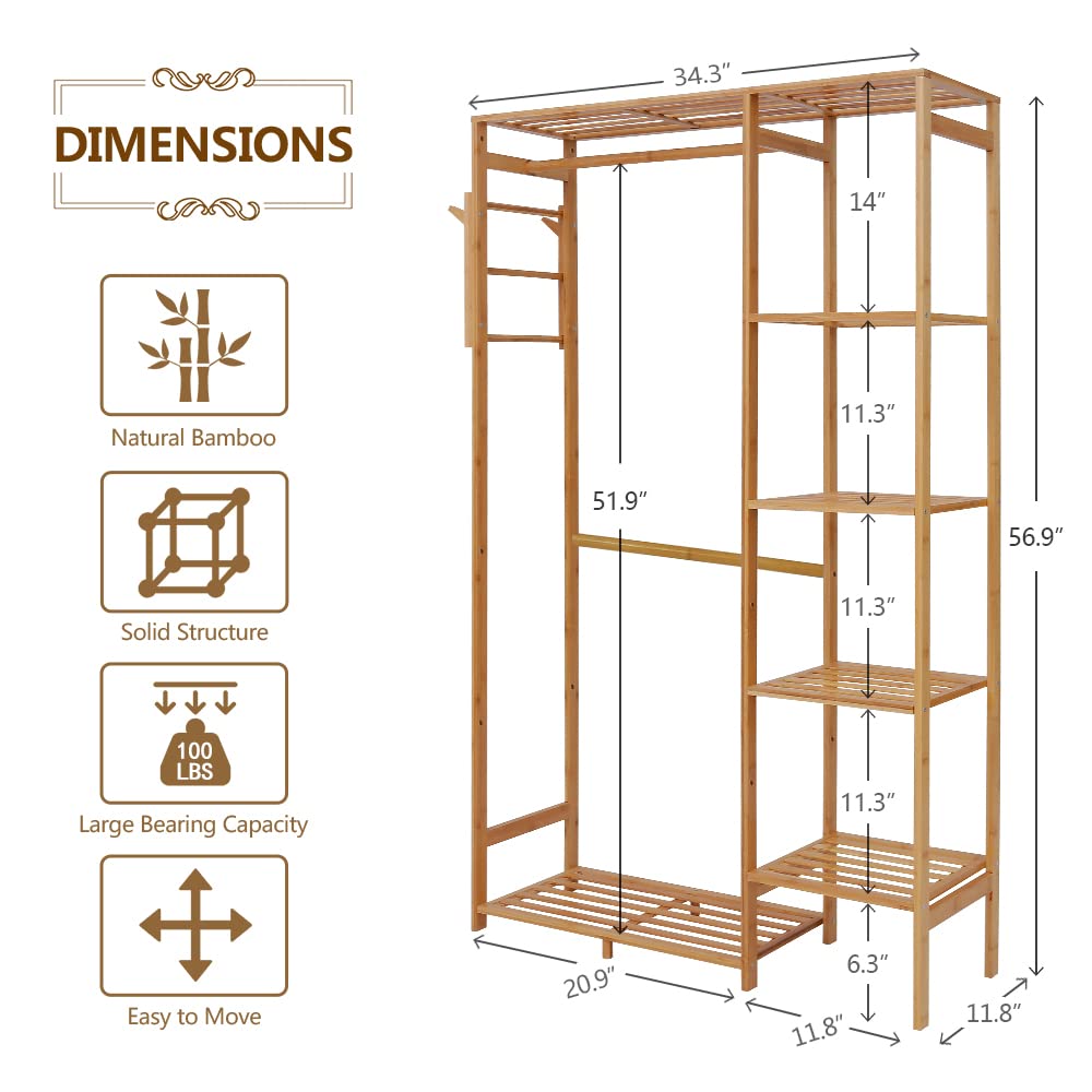 Ufine 6-Tier Bamboo Garment Rack with Side Hooks | Heavy Duty Clothes Hanging Storage Shelf | Portable Wardrobe Organizer for Bedroom, Closet & Laundry Room | Space-Saving Clothing Rack for Dorm, Apartment & Home Organization