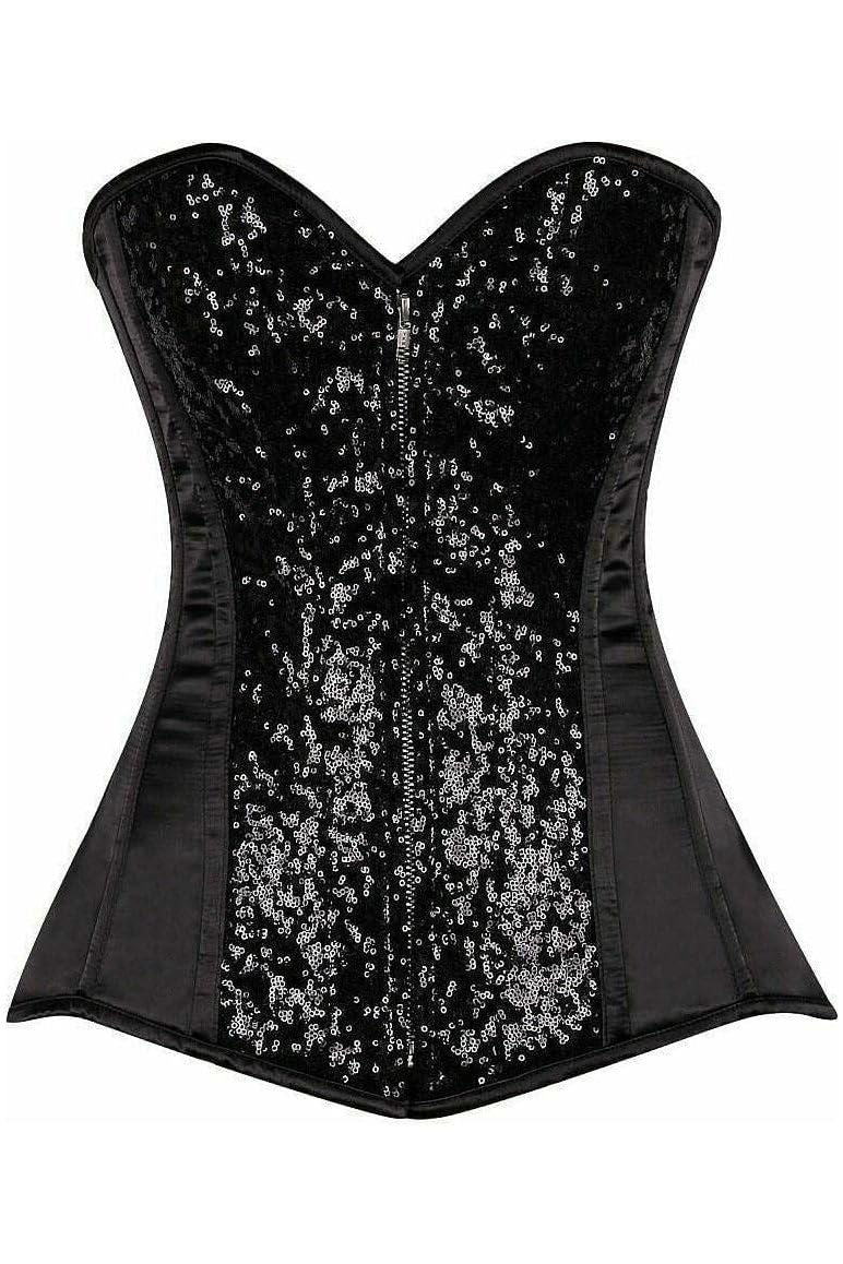 Black Sequin Steel Boned Corset for Women - Daisy Corset Top for Waist Training, Burlesque, Cosplay & Evening Wear
