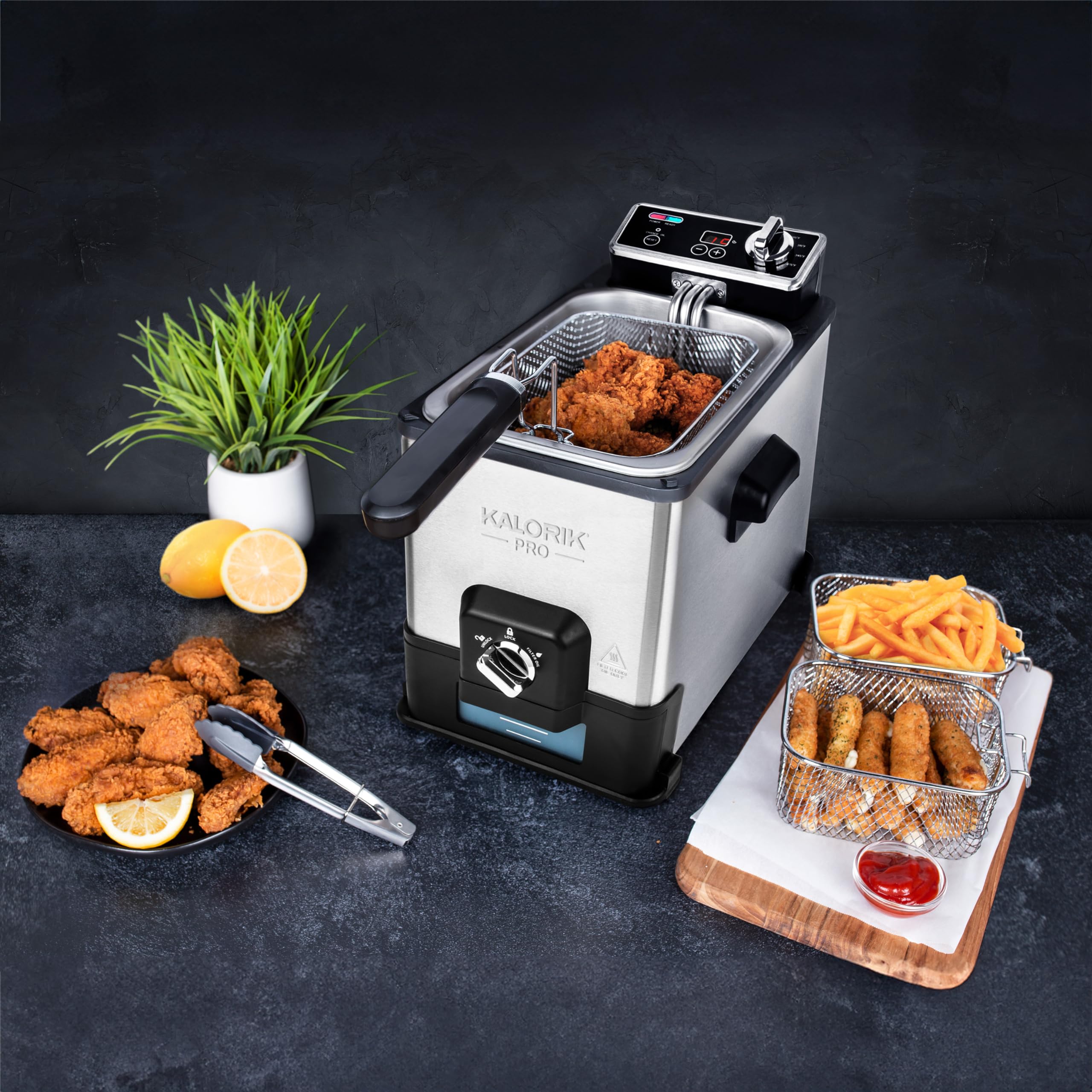 Kalorik Pro 4.2 Quart Triple-Basket Deep Fryer with Oil Filtration System - Stainless Steel Commercial Air Fryer (KPRO FT 42777 SS) for Restaurants, Home Kitchen & Party Cooking