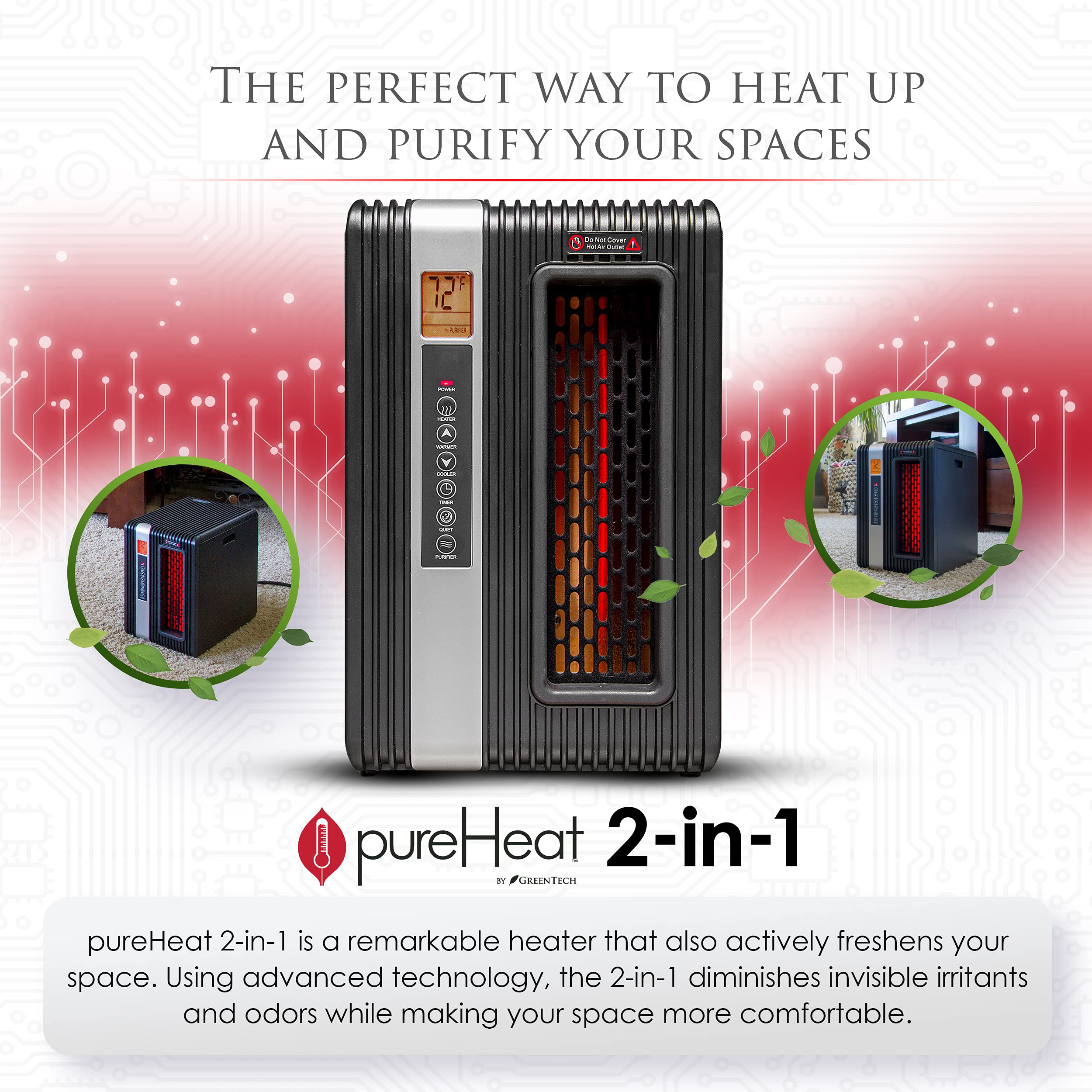 GreenTech Environmental pureHeat 2-in-1 Space Heater & Air Purifier with Remote - Safe & Energy Efficient Home Air Cleaner for Bedroom, Office, Bathroom - Perfect for Winter Heating and Allergy Relief