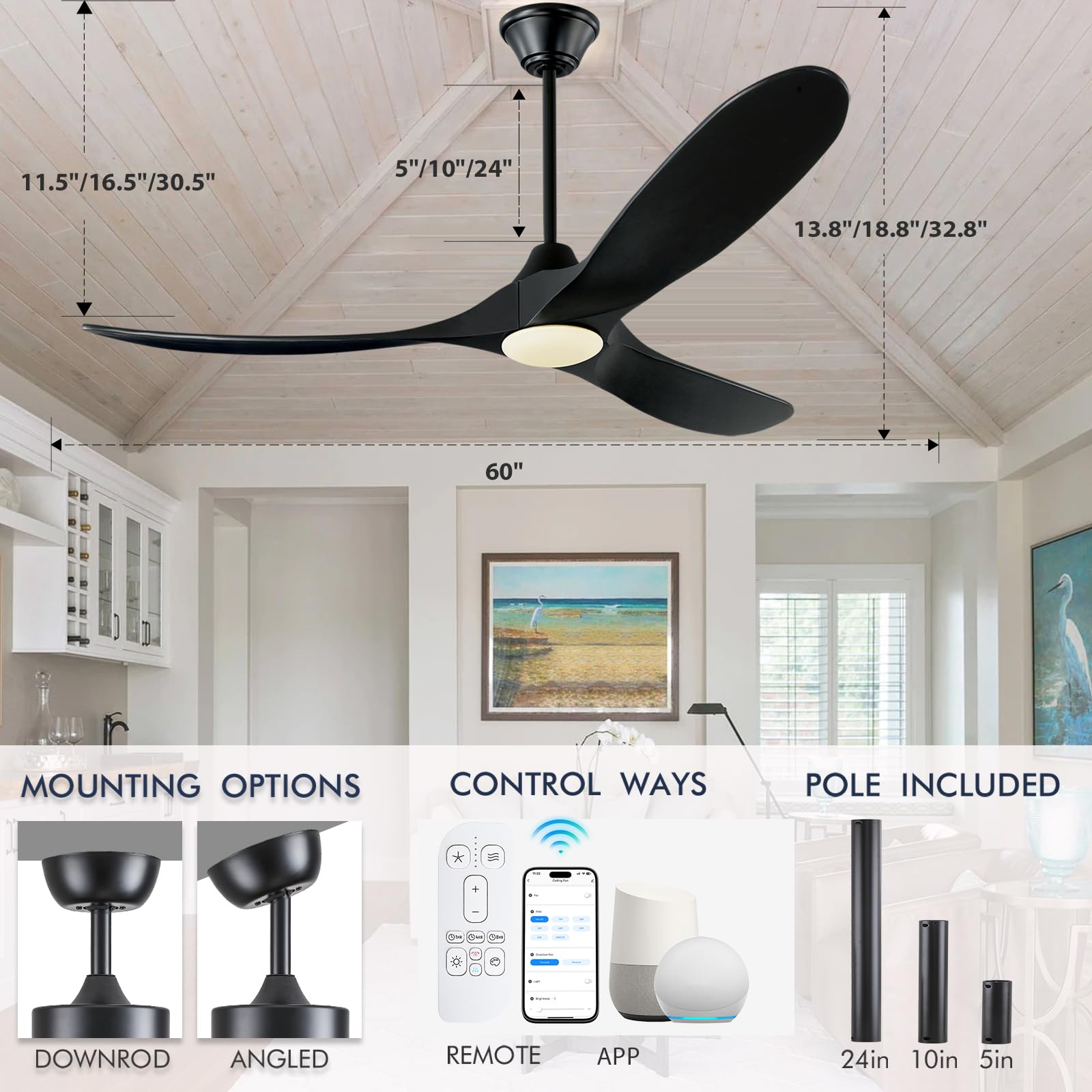 60 Inch Black Ceiling Fan with LED Lights - Damp Rated Outdoor Ceiling Fan for Patio, Porch & Commercial Spaces - High Airflow Smart Modern Wooden Blades - Perfect for Indoor & Exterior Home Cooling