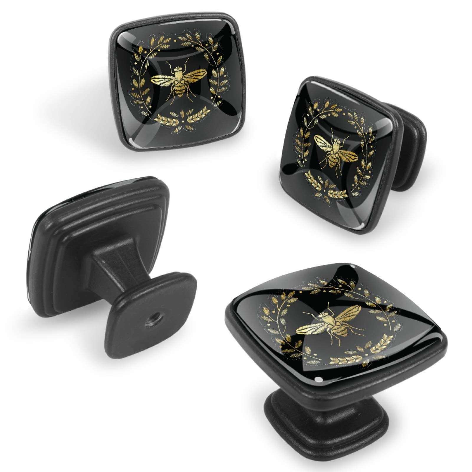 4 Pcs Golden Flying Bee Cabinet Handles - Square Drawer Pulls & Knobs with Screws for Furniture & Office Cabinets - Elegant Home & Office Decoration