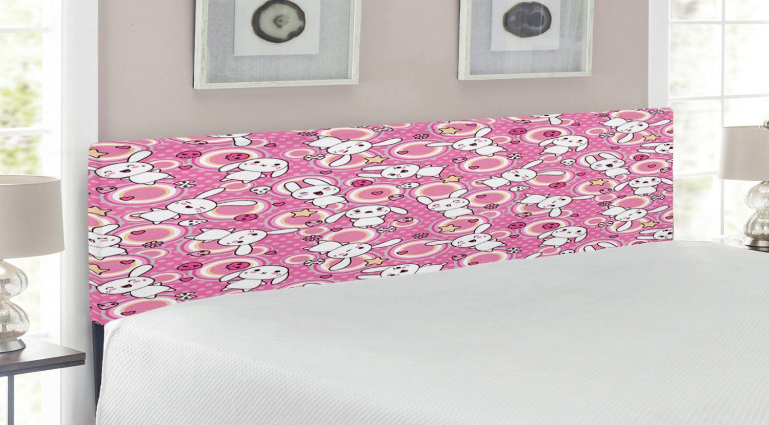 Ambesonne Anime Headboard - Funny Kawaii Rabbit Illustration with Funky Animal Design, Upholstered Decorative Metal Bed Frame with Memory Foam, King Size in White & Pink | Perfect for Anime Lovers' Bedroom Decor, Kids Room or Unique Gift Idea