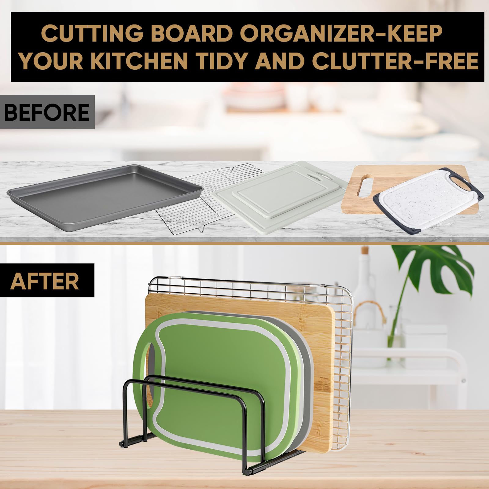 Premium Heavy-Duty Cutting Board Organizer Rack - Space Saving Iron Wire Holder for Cutting Boards & Trays (Black, 1 Pack) - Perfect for Kitchen Organization & Countertop Storage