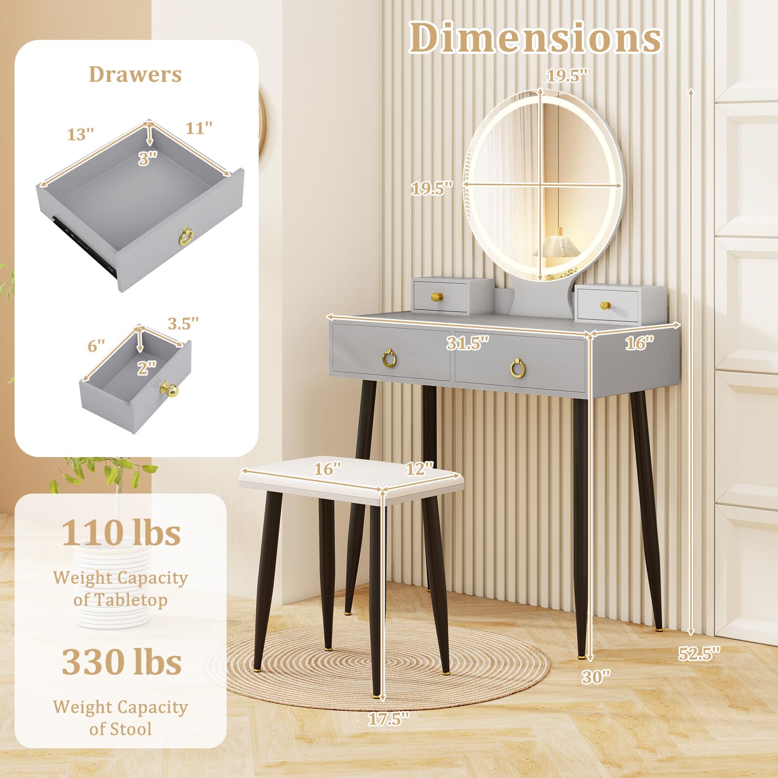 Charmaid Vanity Desk with Mirror & LED Lights - Modern Makeup Vanity Table with 4 Storage Drawers, 3 Lighting Modes & Adjustable Brightness - Gray & Black Dressing Table with Stool for Bedroom, Bathroom & Dorm Room