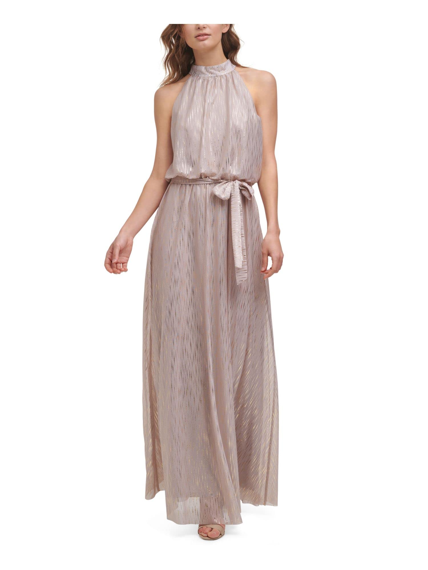 Jessica Howard Women's Sleeveless Halter Maxi Blouson Dress with Tie Sash & Stand Collar - Elegant Summer Beach Wedding Guest Dress for Women