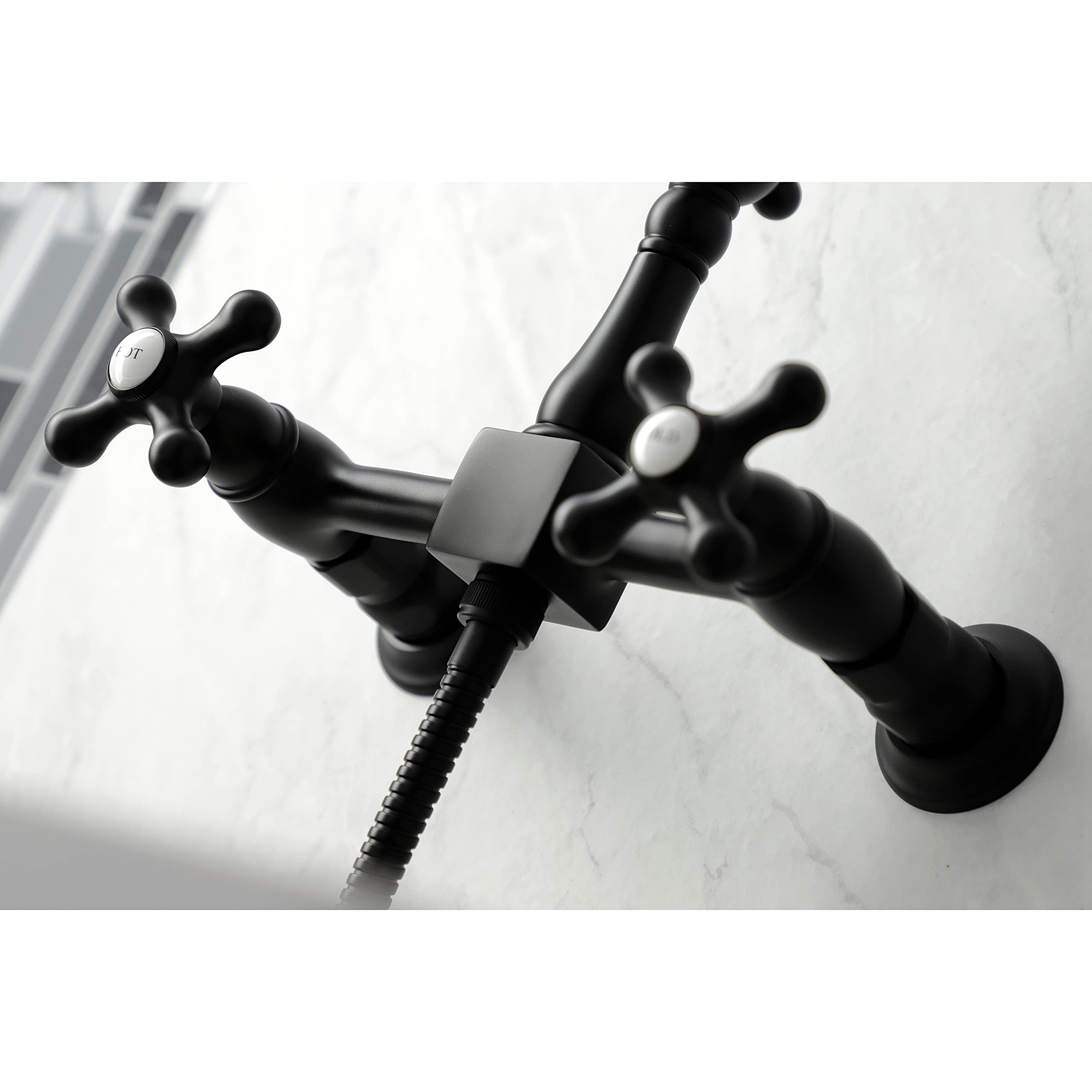 Kingston Brass KS1260AXBS Heritage Bridge Kitchen Faucet in Matte Black - High Arc Pull-Down Sprayer for Modern Farmhouse & Vintage Style Kitchens