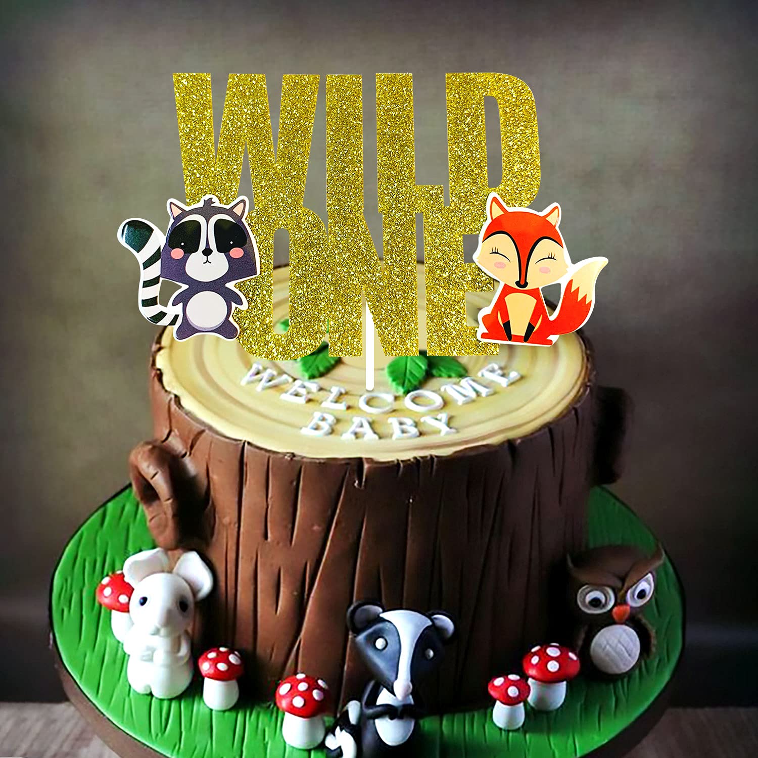 LaVenty Glitter Woodland Animals Cake Topper Set - Fox, Deer & Hedgehog - Wild One First Birthday Party Decorations - Perfect for Baby Shower, Gender Reveal & Forest Theme Cakes