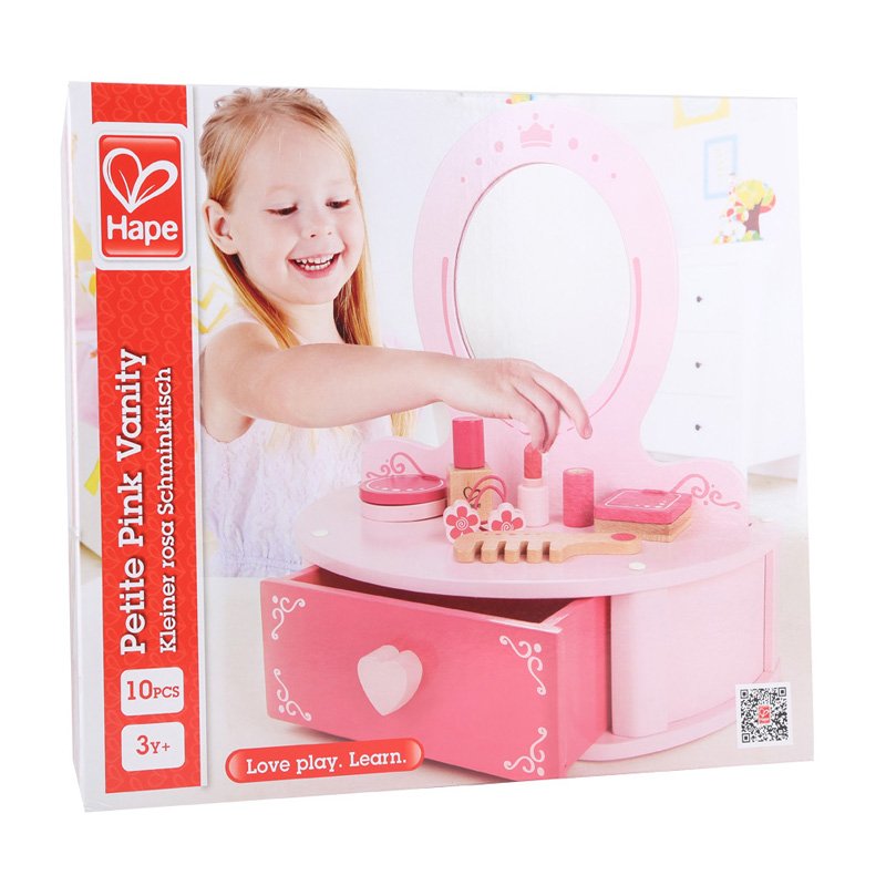 Hape Toys Petite Pink Vanity Toy - Wooden Beauty Desk with Drawer, Mirror & Pretend Makeup Kit for Girls | Includes Hairbrush, Lipstick, Compact, Perfume & Puffs | Perfect for Pretend Play, Dress Up & Role Play Games (Ages 3+)