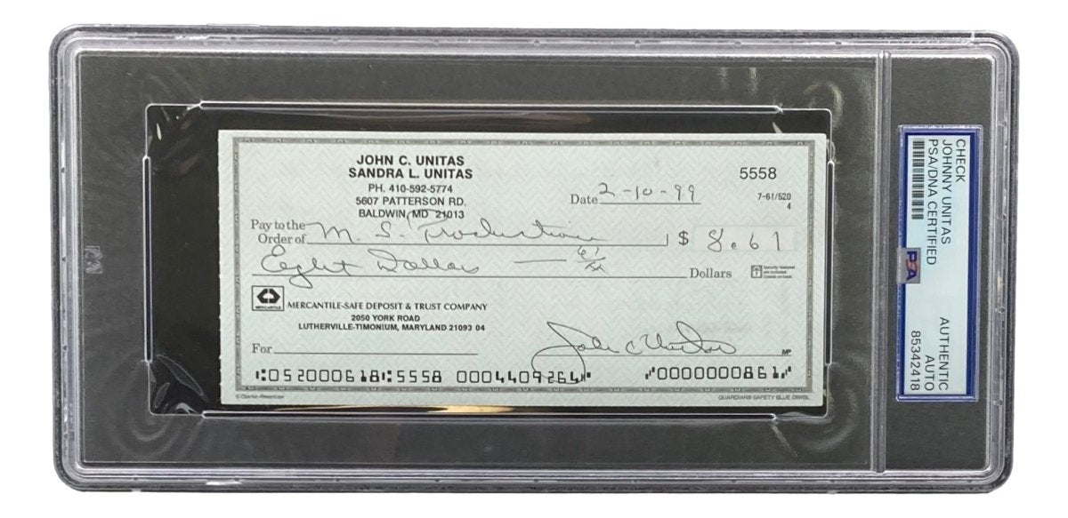 Johnny Unitas Baltimore Colts Autographed Signed Bank Check #5558 PSA Certified - Rare Football Memorabilia for Collectors & Sports Fans