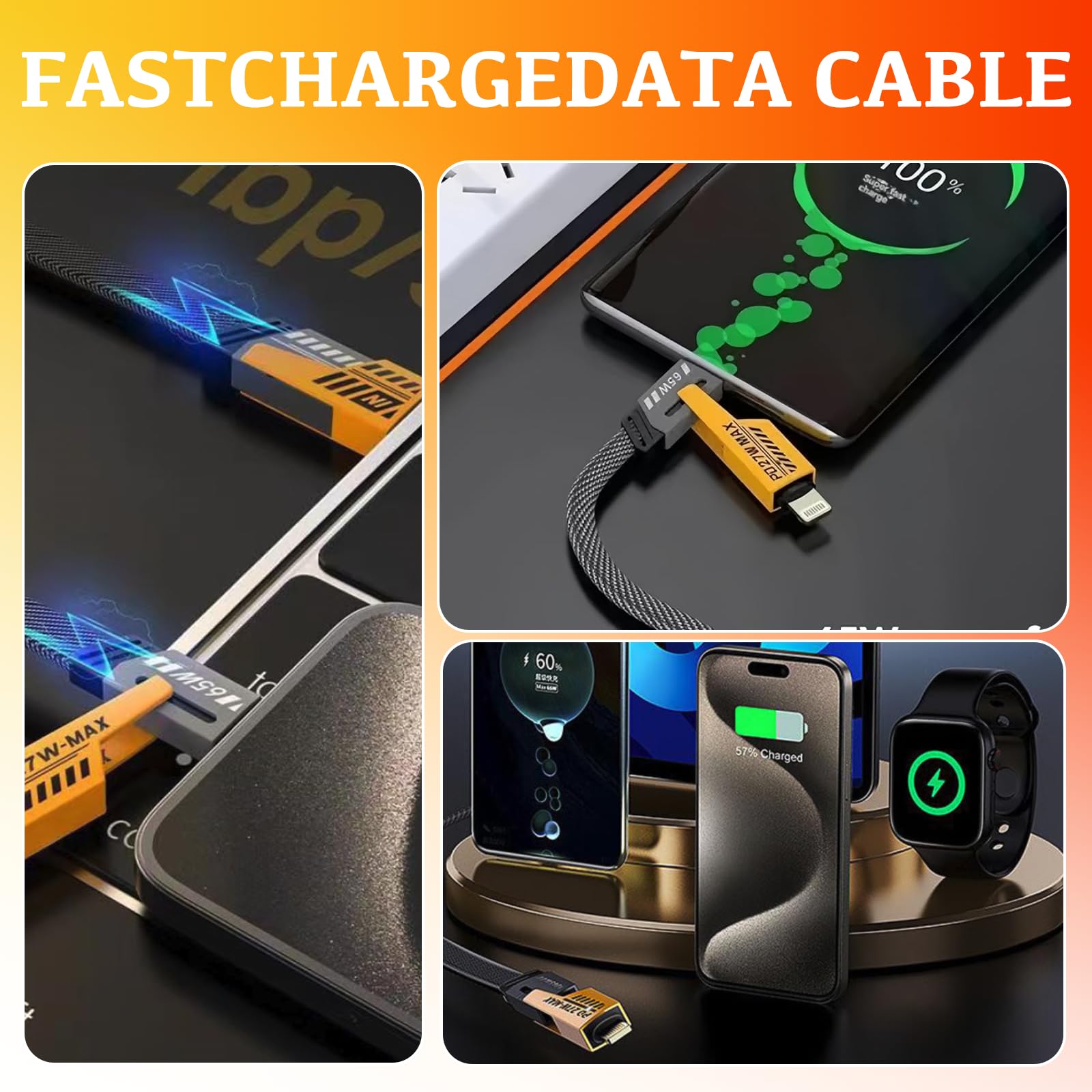 Benaewa 2 Pack 4-in-1 Multi Charger Cable - 65W USB C Fast Charging Cord for iPhone 15/14/13, Samsung Galaxy S23/S22, Android Phones, iPad, MacBook - Perfect for Home, Office & Travel Charging