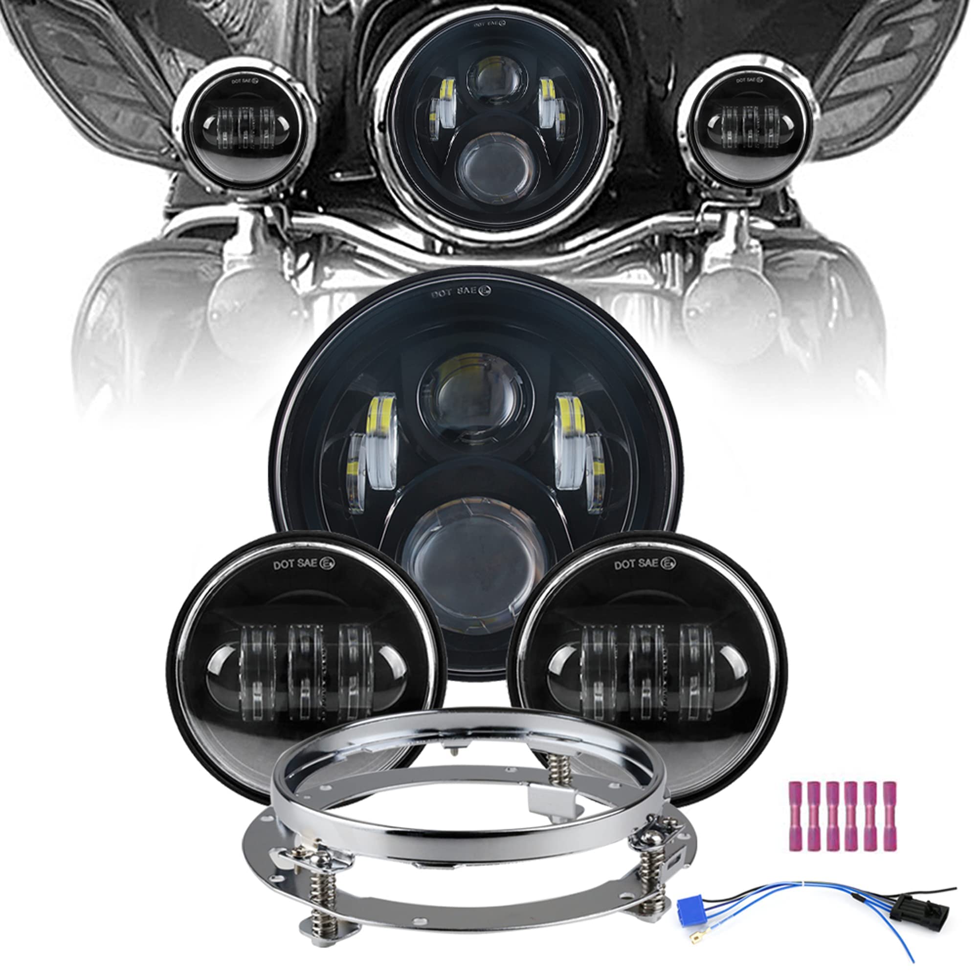 AKMTIES DOT Approved 7-Inch LED Headlight & 4.5-Inch LED Fog Lights Kit with Mounting Bracket for Harley Touring Road King Street Glide Electra Glide - High Visibility Motorcycle Lighting for Night Riding & Adventure Tours