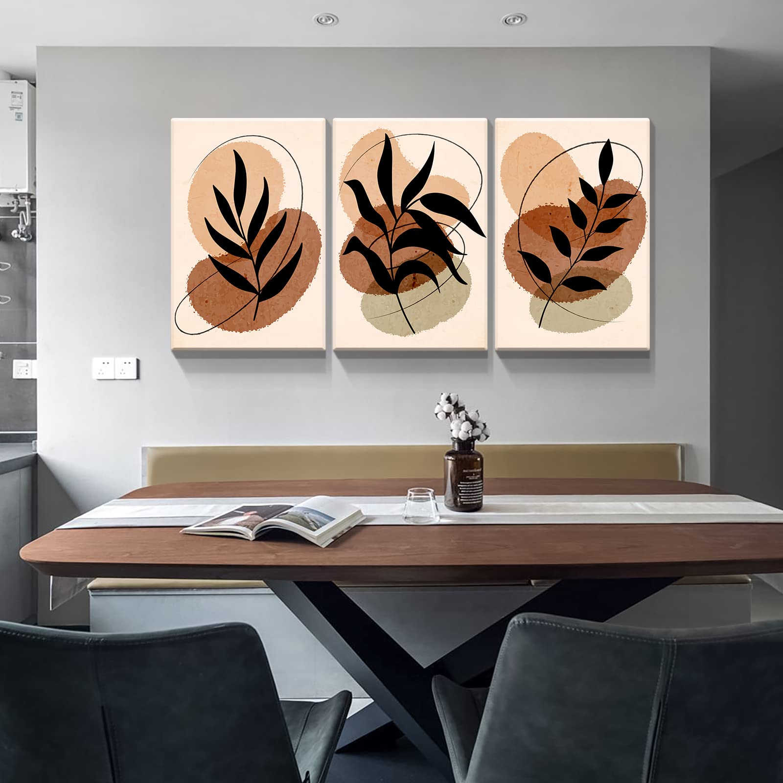 Boho Wall Art Set of 3 - 24x36 Inch Framed Canvas Prints, Minimalist Mid Century Modern Plant Paintings, Abstract Bohemian Home Decor for Living Room & Bedroom - Perfect for Gallery Walls & Boho Chic Interiors