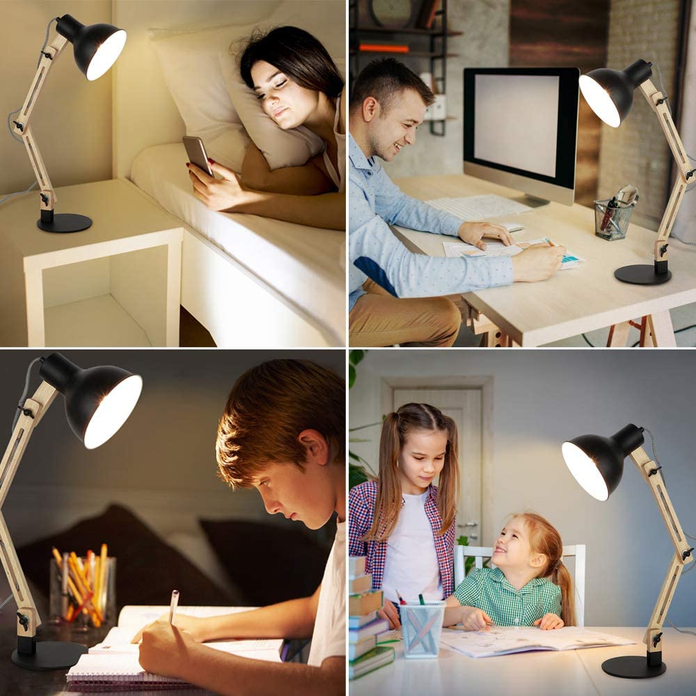 Depuley Adjustable Wood Swing Arm Desk Lamp - Modern Architect Multi-Joint Gooseneck Table Light with Black Metal Shade (Bulb Included) | Perfect for Reading, Working, Studying in Home Office, Bedroom or College Dorm