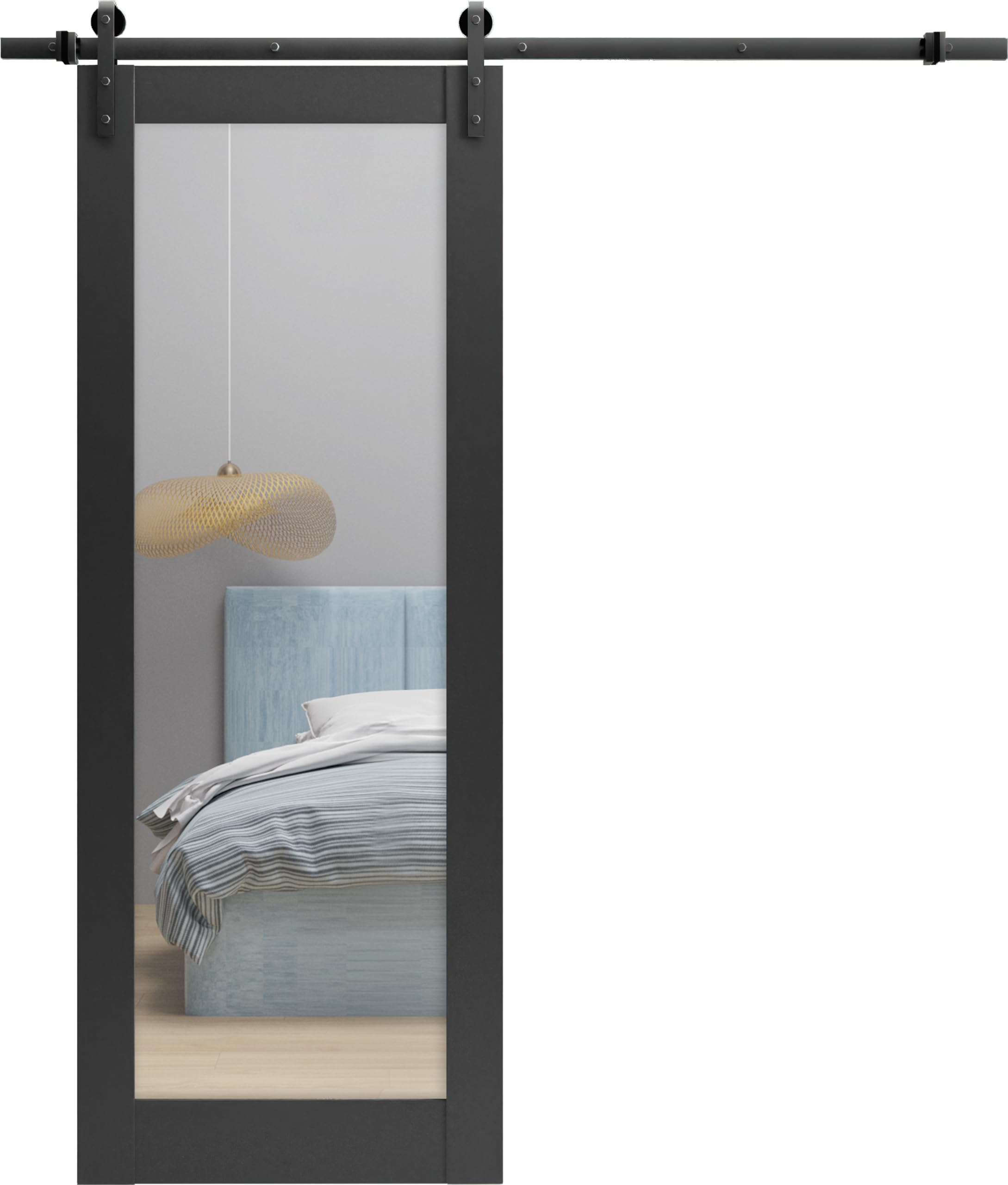 SARTODOORS - 42 x 80 Inch Solid Wood Barn Door with Mirror | Matte Black Lucia 1299 Style | Heavy Duty 8FT Sliding Rail Hardware Kit | Rustic Interior Door for Bedroom, Bathroom or Closet
