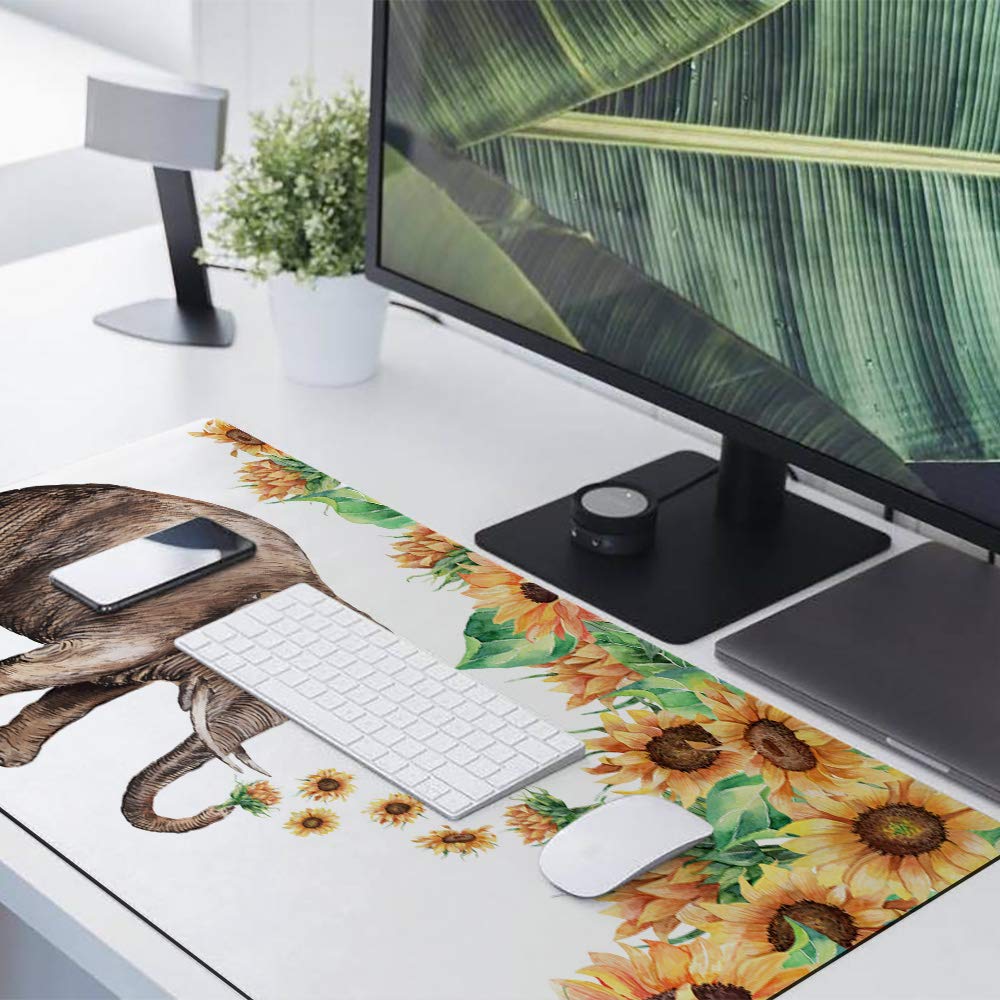 XXL Gaming Mouse Pad 35x15 Inch - Extra Large Non-Slip Desk Mat for PC, Laptop & Keyboard | Elephant & Sunflower Design | Perfect for Office, Gaming & Work Setup