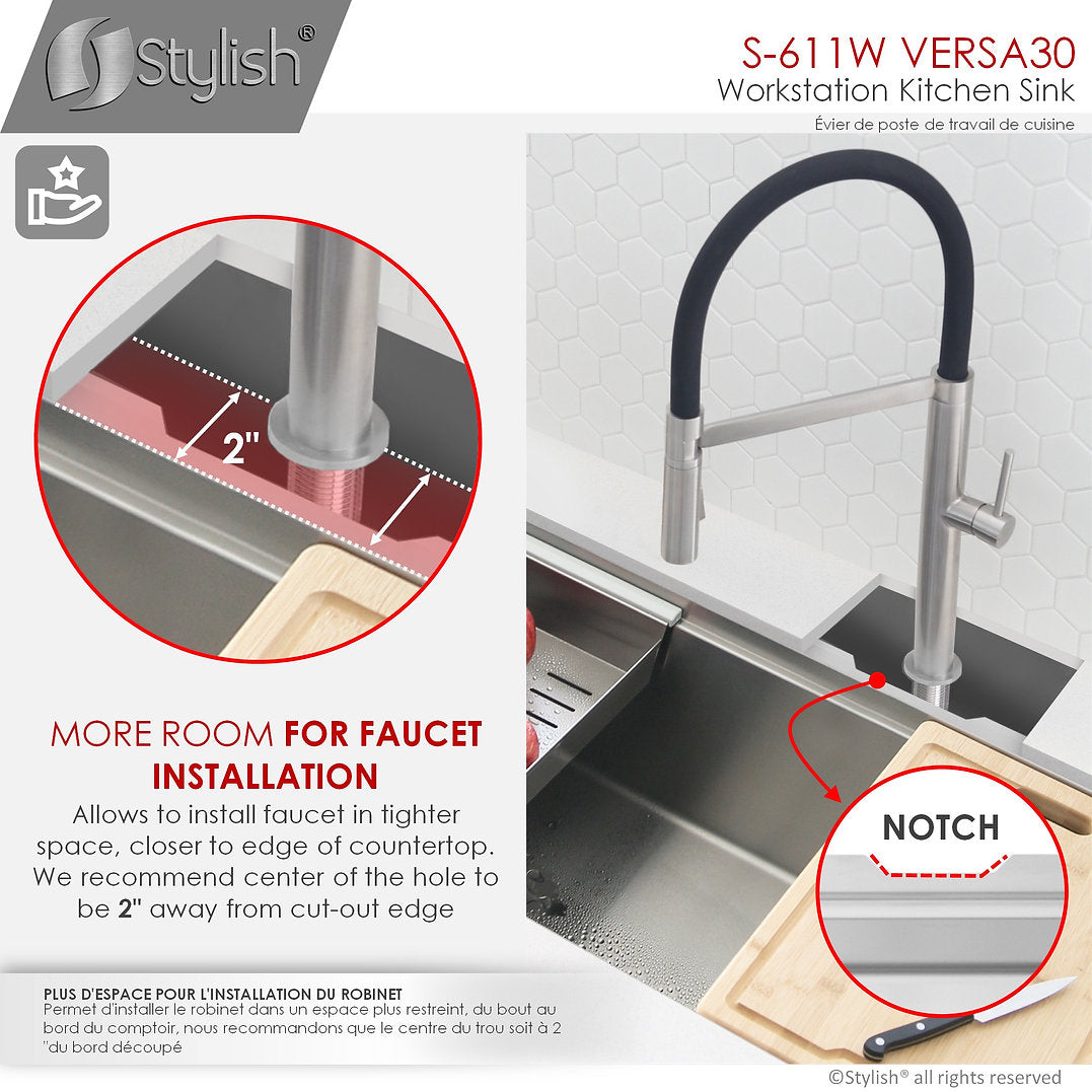 VERSA30 S 611W 30-Inch Undermount Stainless Steel Kitchen Sink - Single Bowl Workstation with Drainboard & Accessories - Perfect for Modern Kitchens, Restaurants & Food Prep Areas