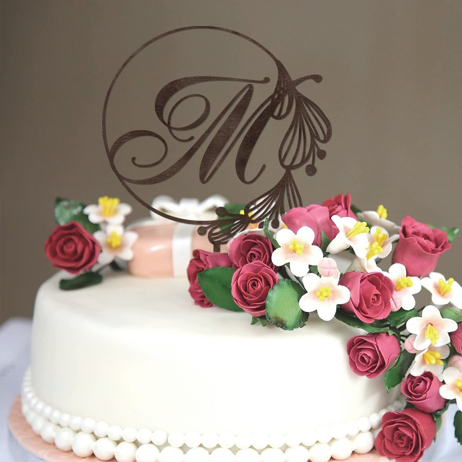 Personalized Initial M Cake Topper - Rustic Brown Wood Wreath Monogram Wedding Cake Decor (Design 06) - Perfect for Birthday, Anniversary, Bridal Shower & Rustic Wedding Cakes