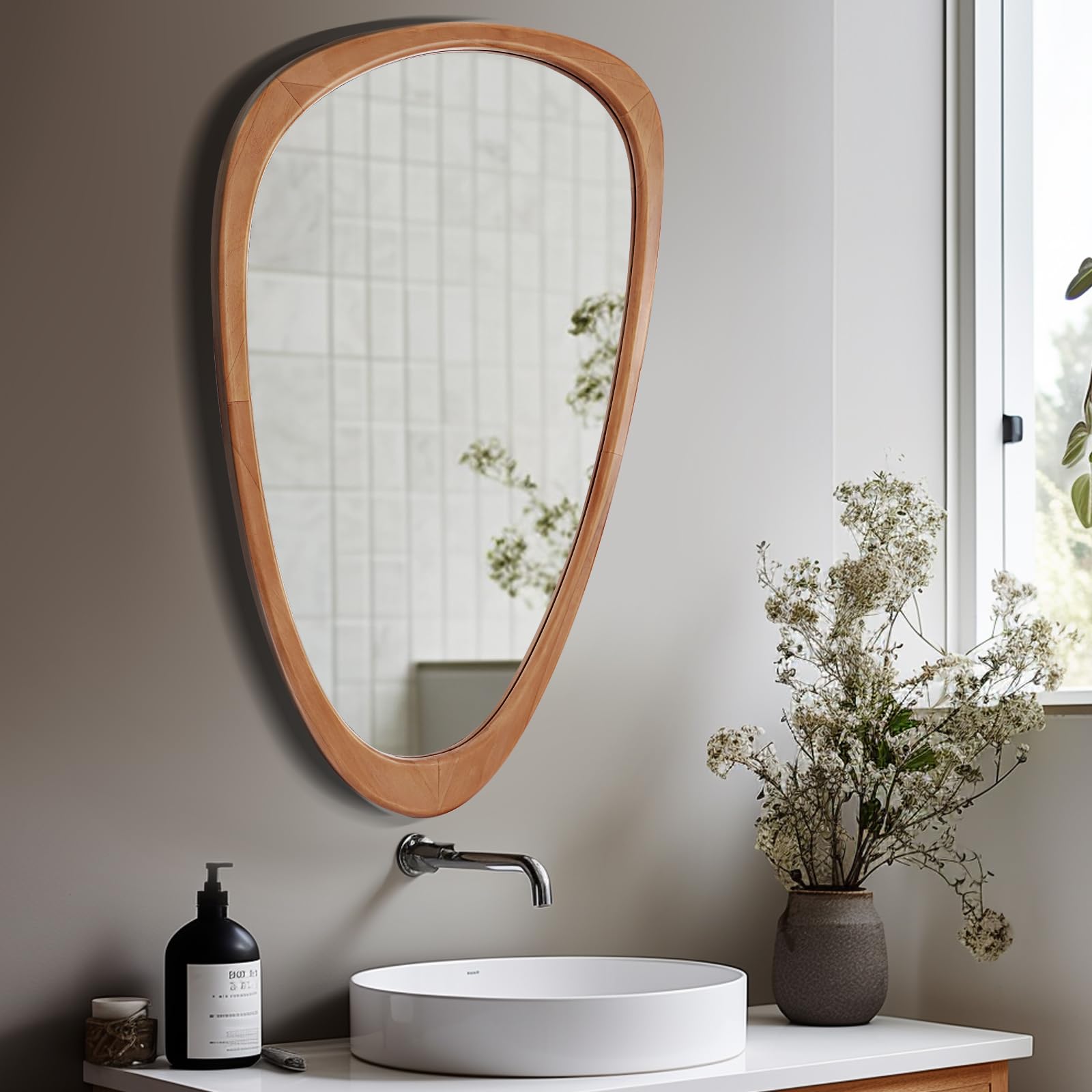 19.5x30.5 Inch Asymmetrical Wood Framed Wall Mirror - Unique Irregular Shaped Decorative Mirror for Bathroom, Living Room, Bedroom & Entryway - Perfect for Modern Home Decor and Vanity Areas