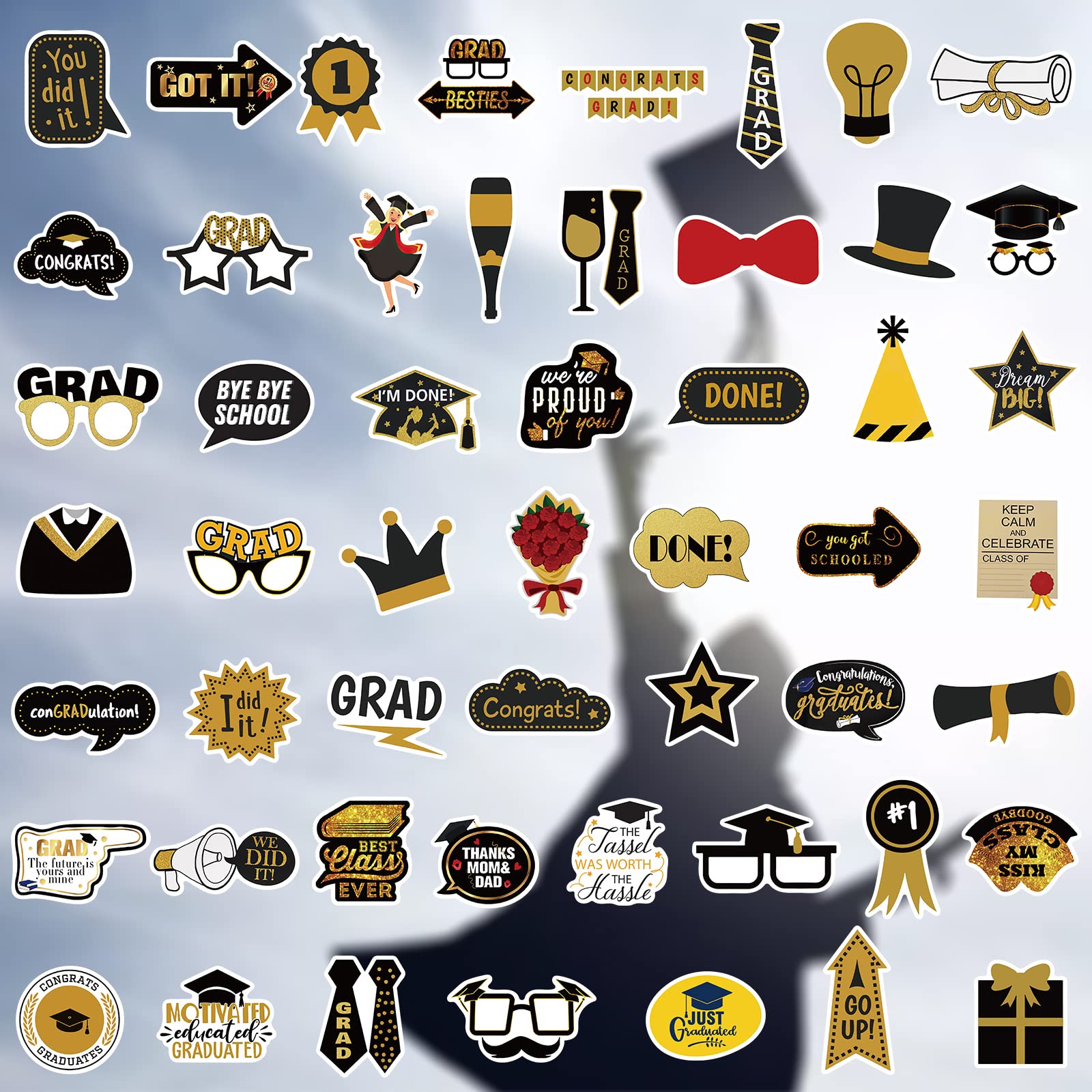 52PCS Graduation Stickers - Vinyl Waterproof Decals for Water Bottles, Laptops, Luggage, Helmets | Perfect for Grad Party Decorations, DIY Scrapbooking & Gift Giving